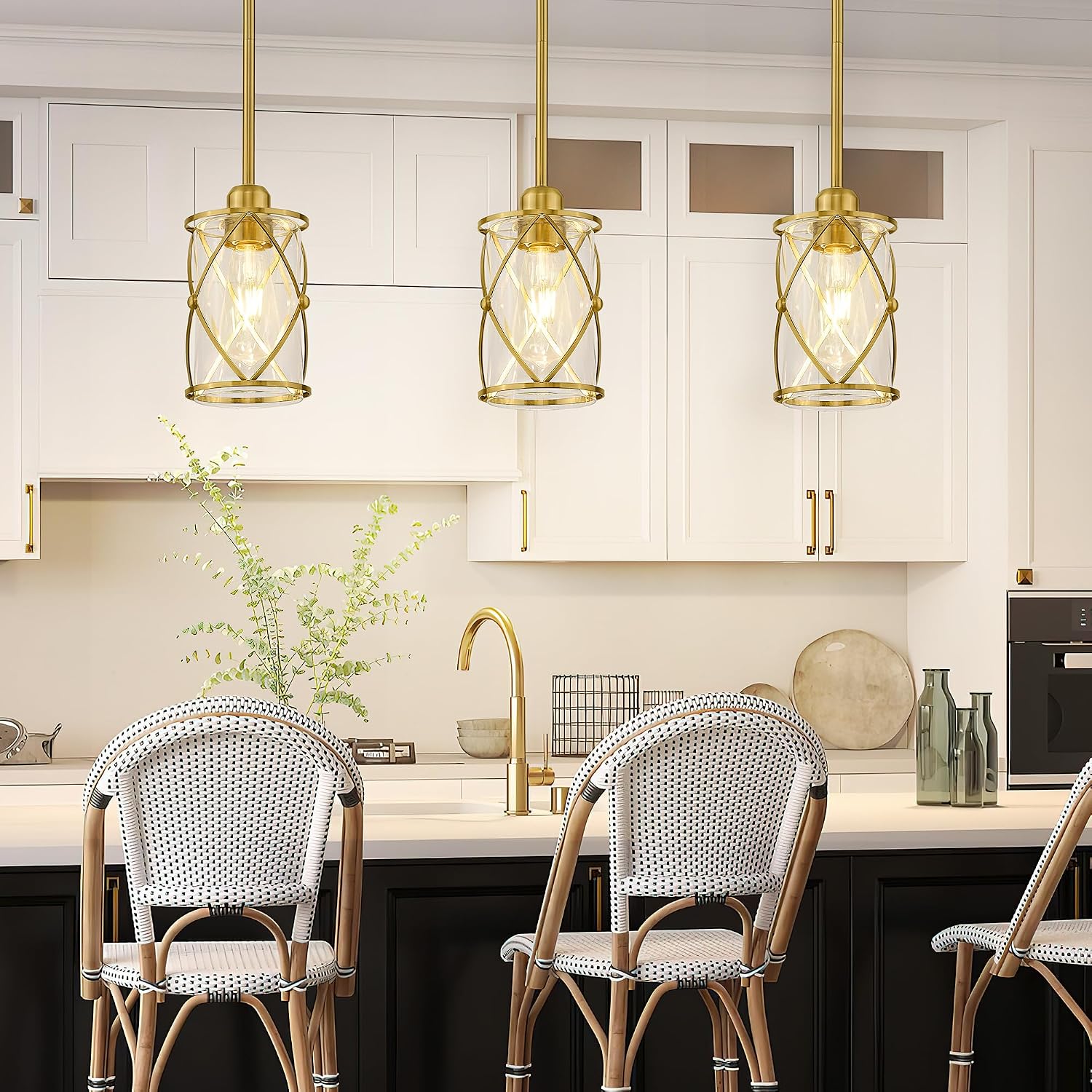Brushed Gold Pendant Lights Kitchen Island 3 Pack, Glass Kitchen Pendant Lighting Over Island with Rod, Modern Mini Hanging Light for Kitchen Sink Dining Room, CH9176BG-3PK