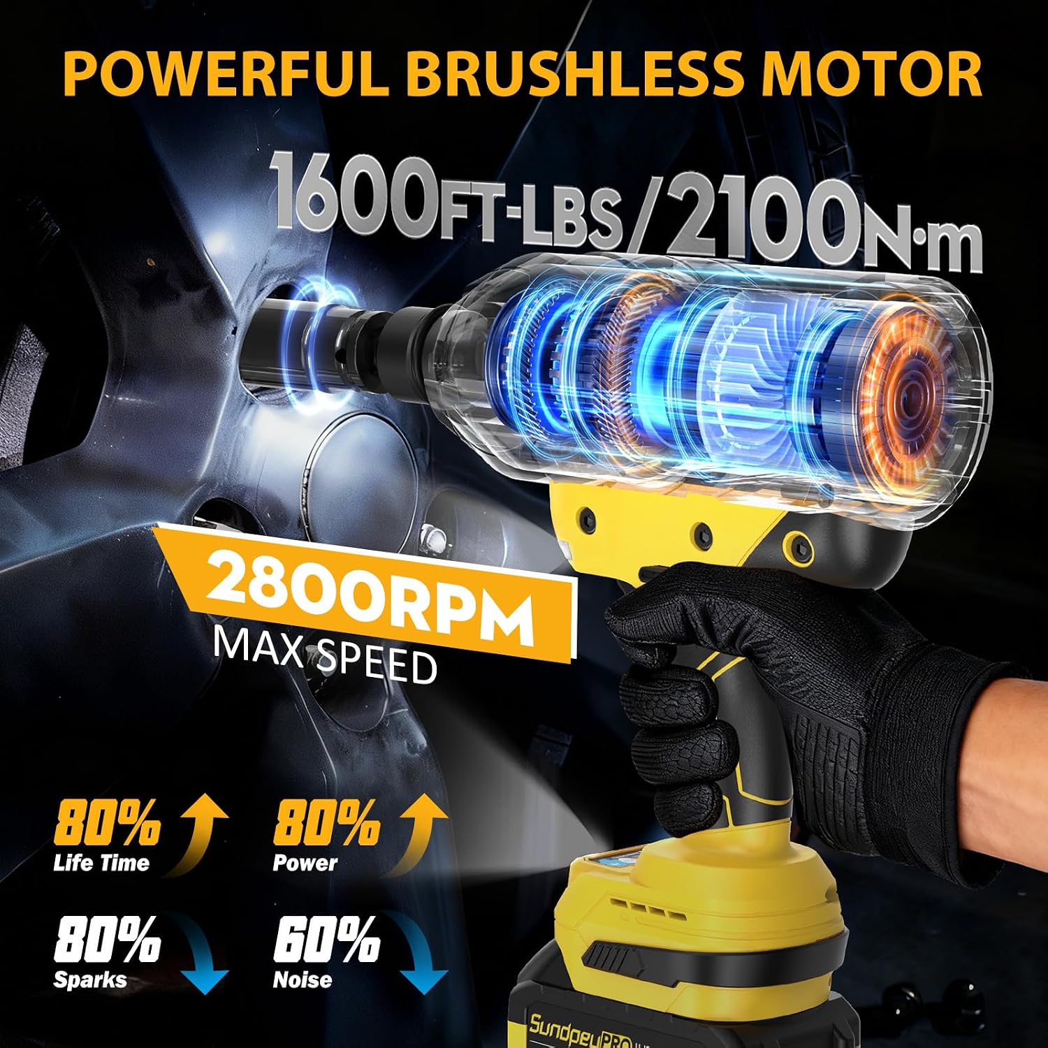 21V Cordless Impact Wrench - 1600Ft-lbs(2100N·m) Heavy Duty High Torque Brushless 3/4 Impact Gun with 2 x 4.0Ah Batteries & Fast Charger 3/4' to 1/2' Adapter & 5 Sockets for Car Industrial