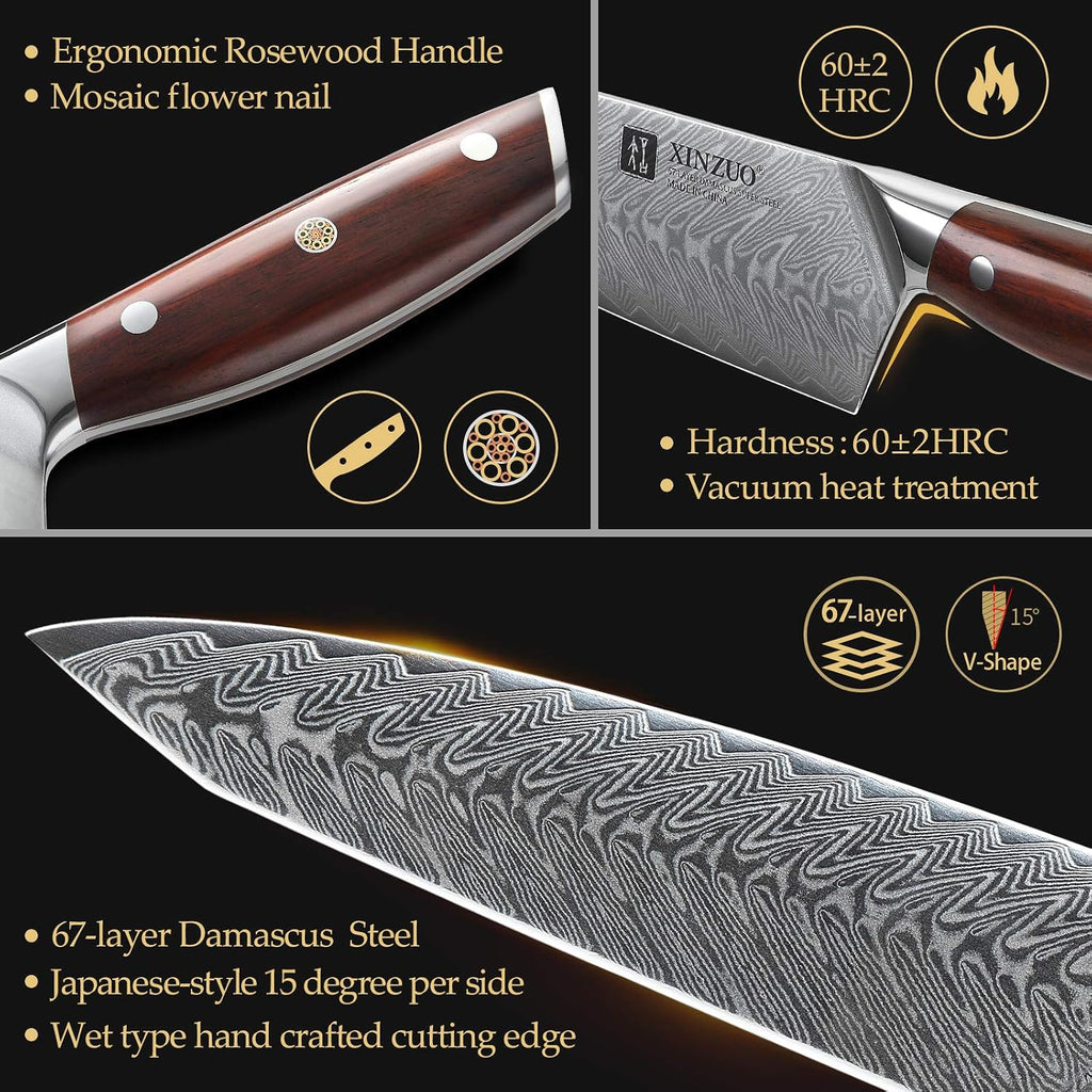 XINZUO 7PCS Knife Block Set,Professional Damascus Steel Chef Knife Santoku Bread Utility Fruit Knife with Multifunctional Kitchen Shears,Ergonomic Rosewood Handle