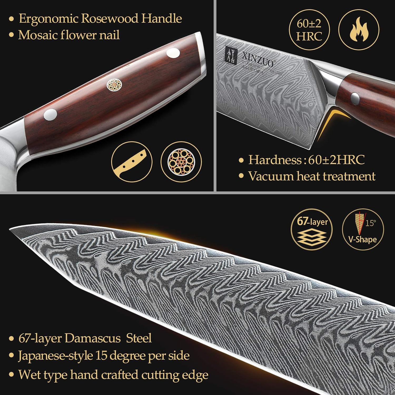 XINZUO 7PCS Knife Block Set,Professional Damascus Steel Chef Knife Santoku Bread Utility Fruit Knife with Multifunctional Kitchen Shears,Ergonomic Rosewood Handle