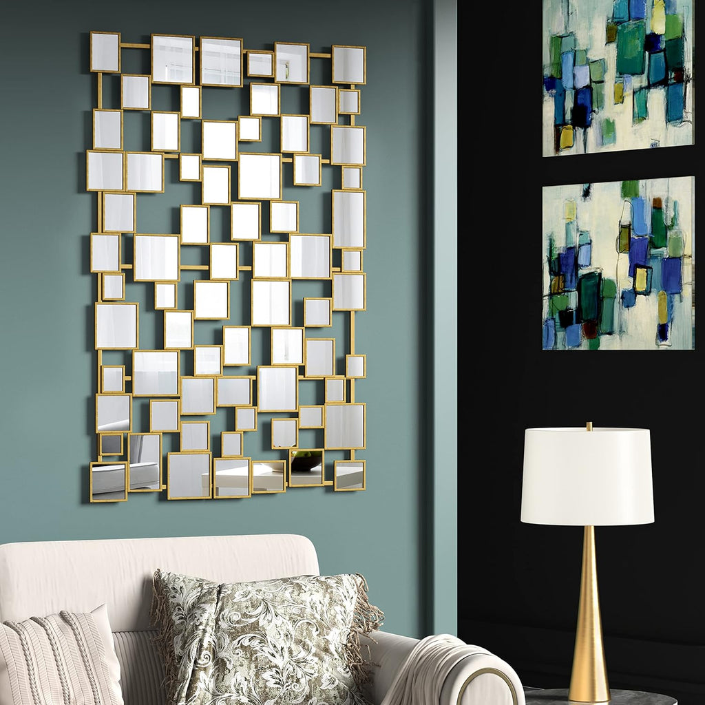 Gold Modern Wall Mirror - 45'×30' Large Metal Framed Decorative Mirror, Unique Mosaic Design Wall Mirrors for Living Room Entryway Hallway Home Art Decor