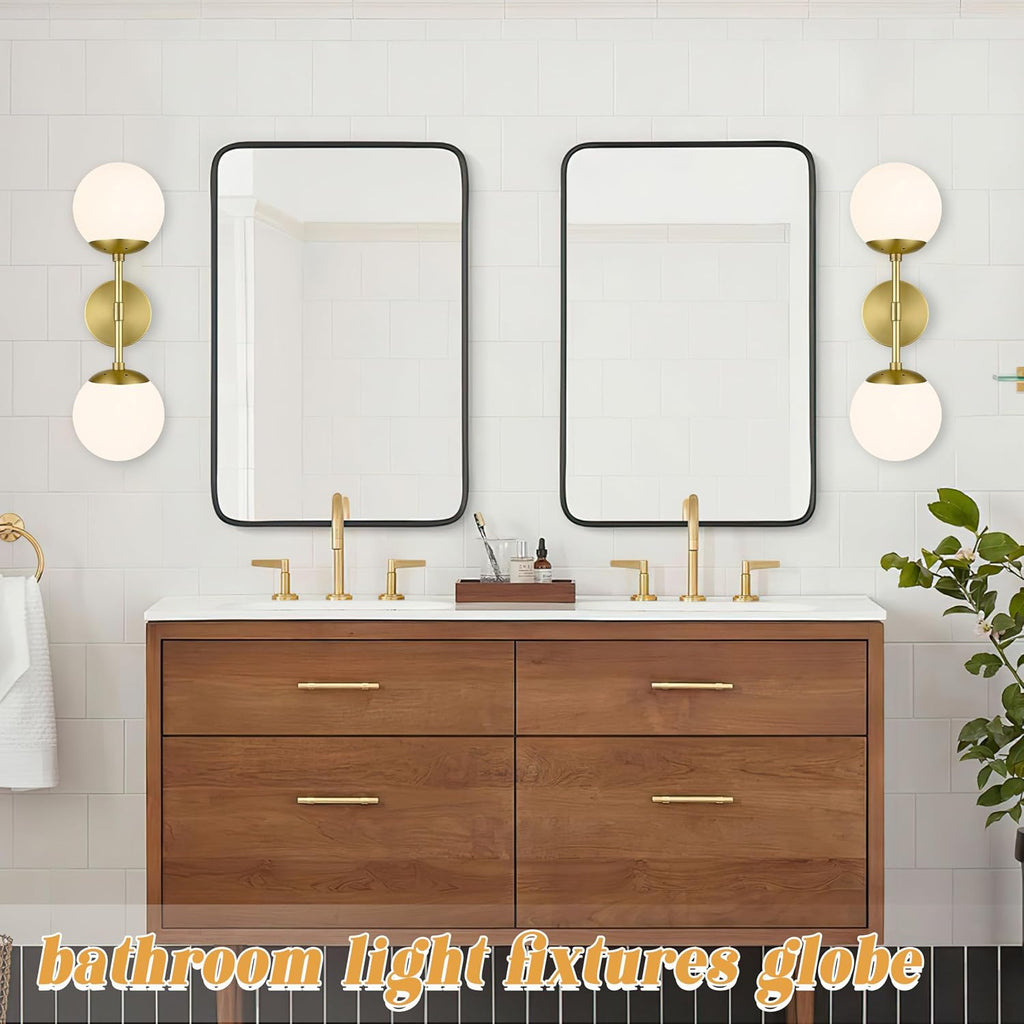 KoKo&Yukina 2 Pack Gold Vanity Light Fixtures Mid Century Modern Bathroom Vanity Light with Milky White Glass Globe Sconce Lights Fixture Vanity Lights for Bathroom (Bulb Include)