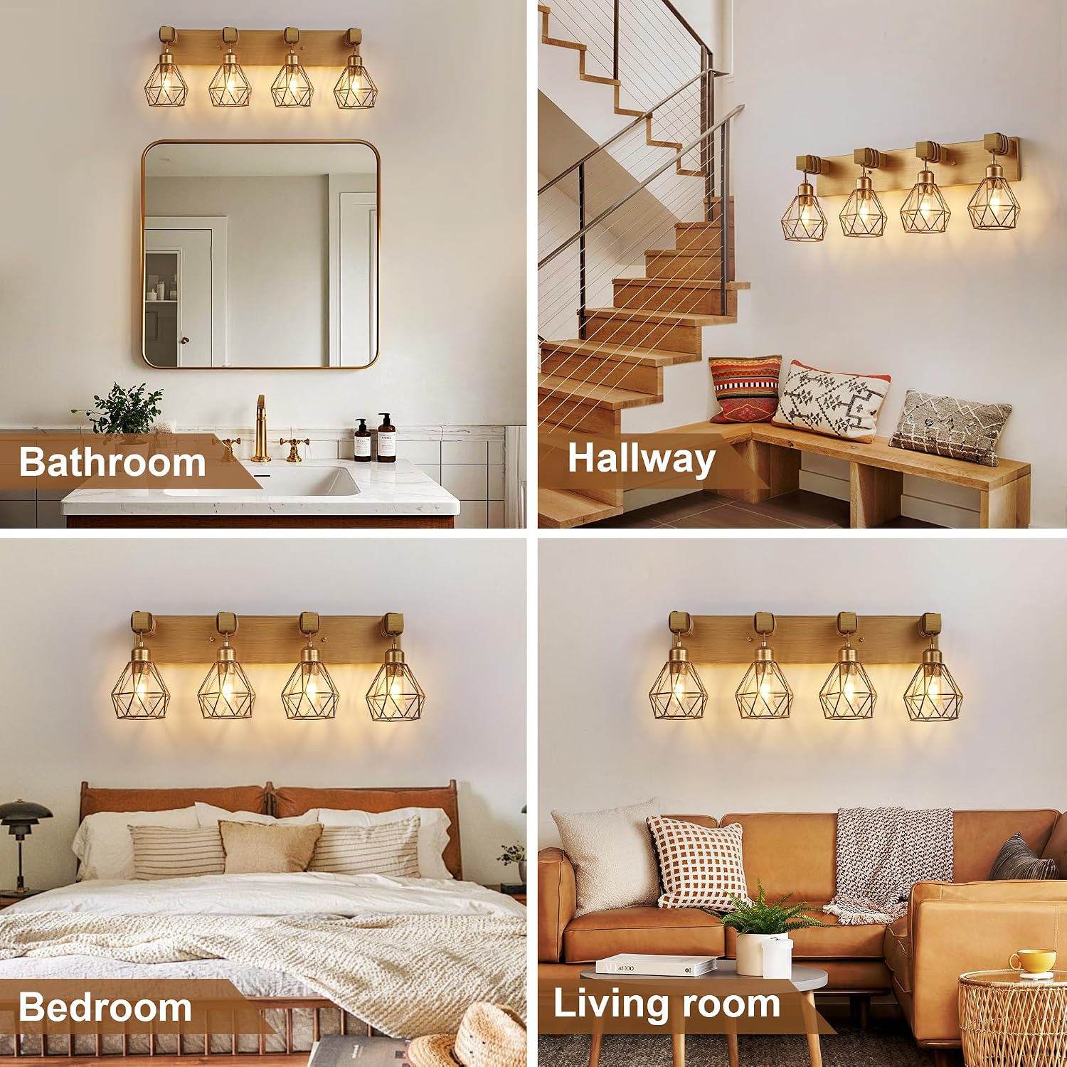Farmhouse Bathroom Light Fixtures, 4-Light Gold Bathroom Vanity Light, Rustic Matte Antique Brass Finish with Metal Lampshade, Wall Sconces for Bedroom, Living Room, Hallway