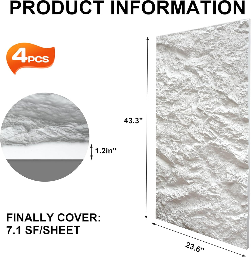 KASARO 3D Faux Stone Wall Panels, 4 PCS PU Wainscoting Panel - Cement Texture Thicker Design for Interior Wall Decor, Home & Office Accent Wall, Easy Install, 43.3' x 23.6' (White)