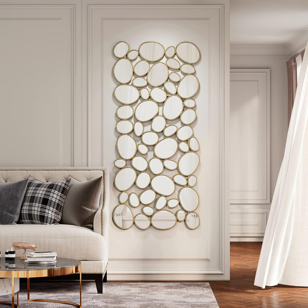 Gold Wall Mirrors Decorative - 51'x23' Large Modern Wall Mirror for Home Decor, 55 Pieces Multi-Size Pebble Design Metal Framed Accent Mirror for Entryway Bedroom Living Room Wall Art Decor