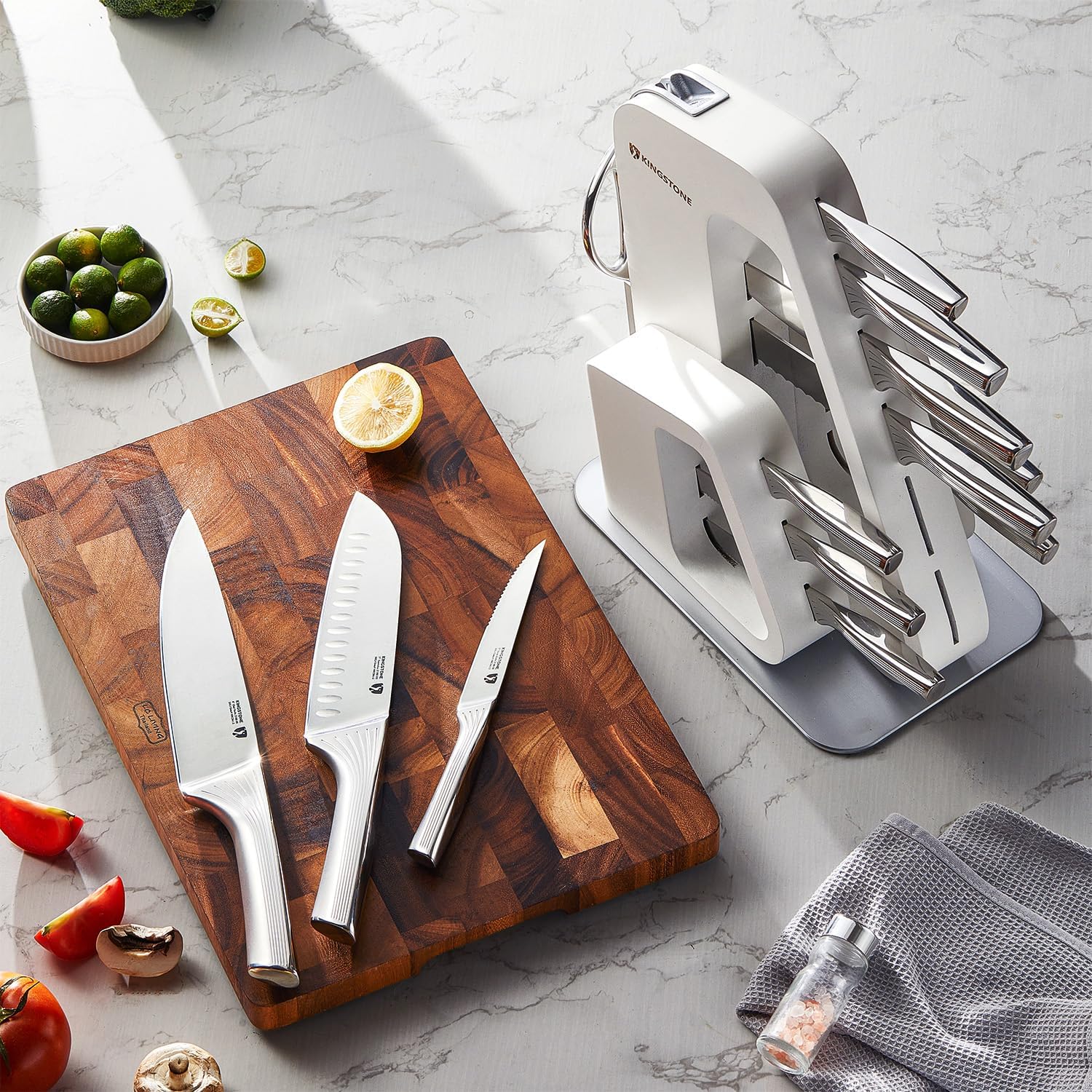 KINGSTONE Kitchen Knife Set with Block,14 Pcs German Stainless Steel Knife Set with Built-in Sharpener, Dishwasher Safe Knife Block Set (White, 14pcs)