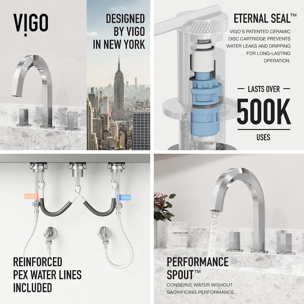 VIGO Hart Two-Handle Three-Hole Mount Widespread Bathroom Sink Faucet, 9-Inch, Chrome, Modern Design, Solid Brass, 1.2 GPM WaterSense & Ceramic Disc Valve, Corrosion-Resistant
