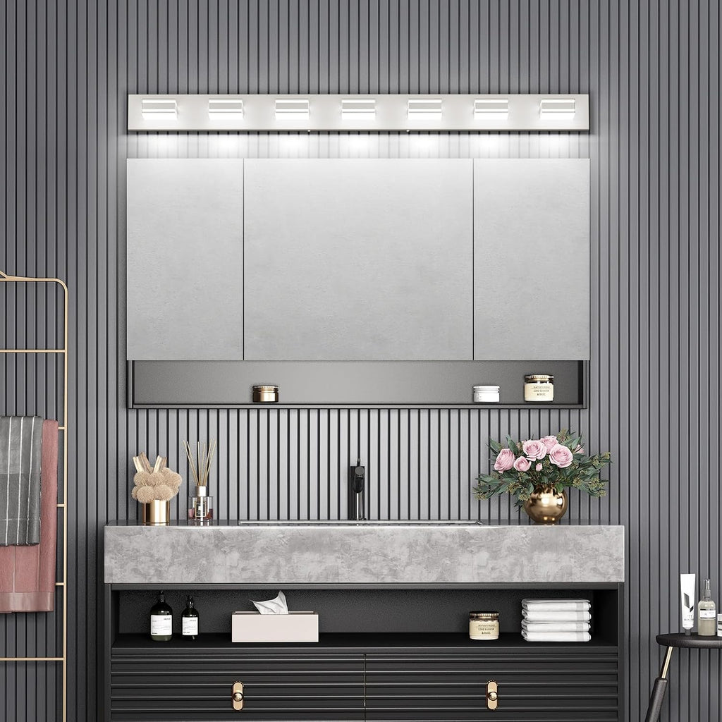 Ralbay 55inch Brushed Nickel Vanity Light for Bathroom 7-Light Metal Acrylic Modern LED Bathroom Light Fixtures