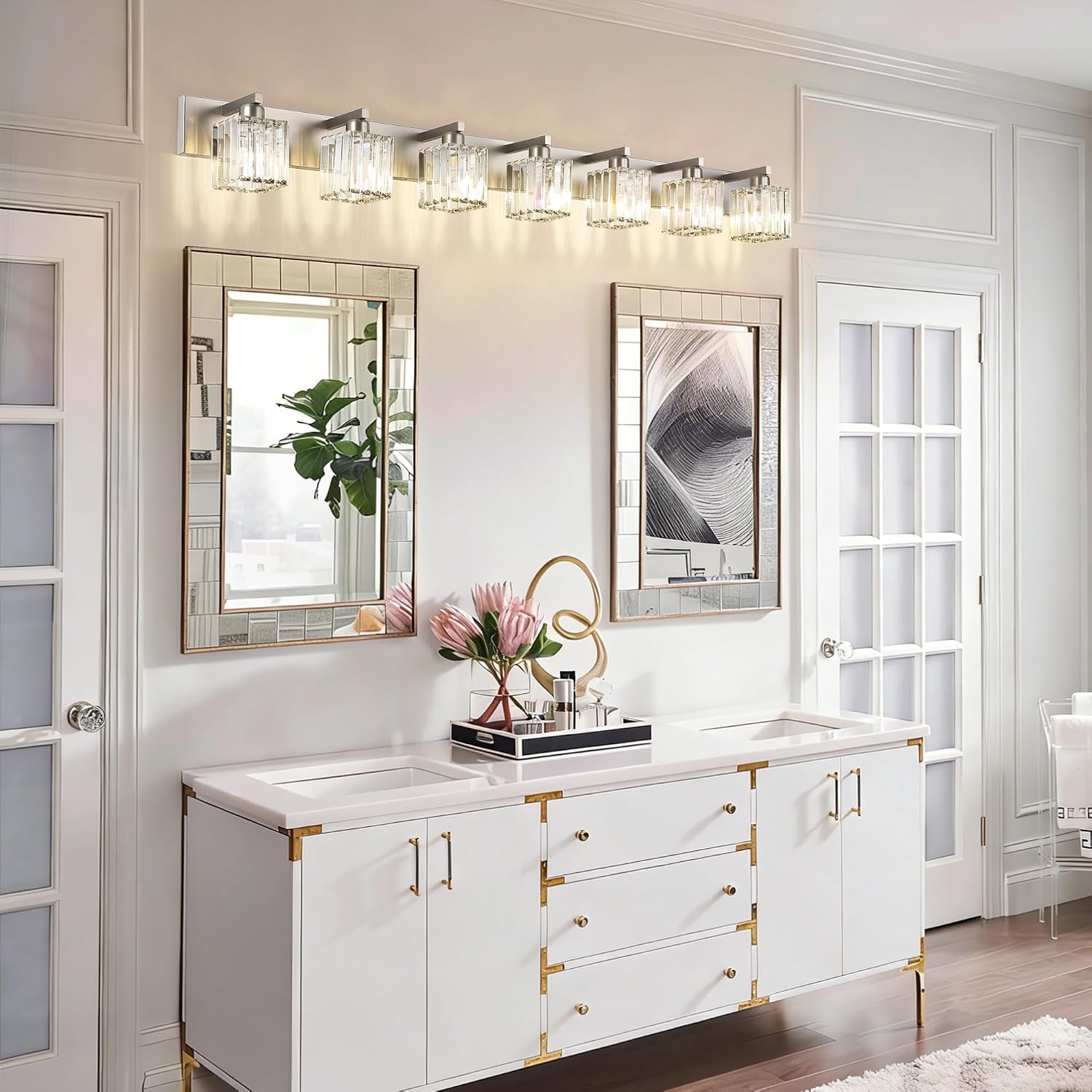 Aipsun Brushed Nickel Bathroom Light Fixtures Crystal Vanity Lighting Fixture Modern Bathroom Vanity Light 7 Light (Exclude Bulb)