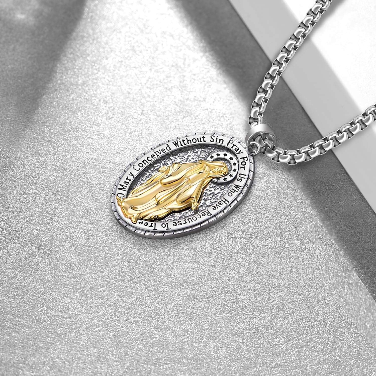 Virgin Mary Necklace for Men 925 Sterling Silver Plated 14K Yellow Gold Miraculous Medal Pendant Necklace Jewelry Gifts for Men Women 22' to 24' Chain