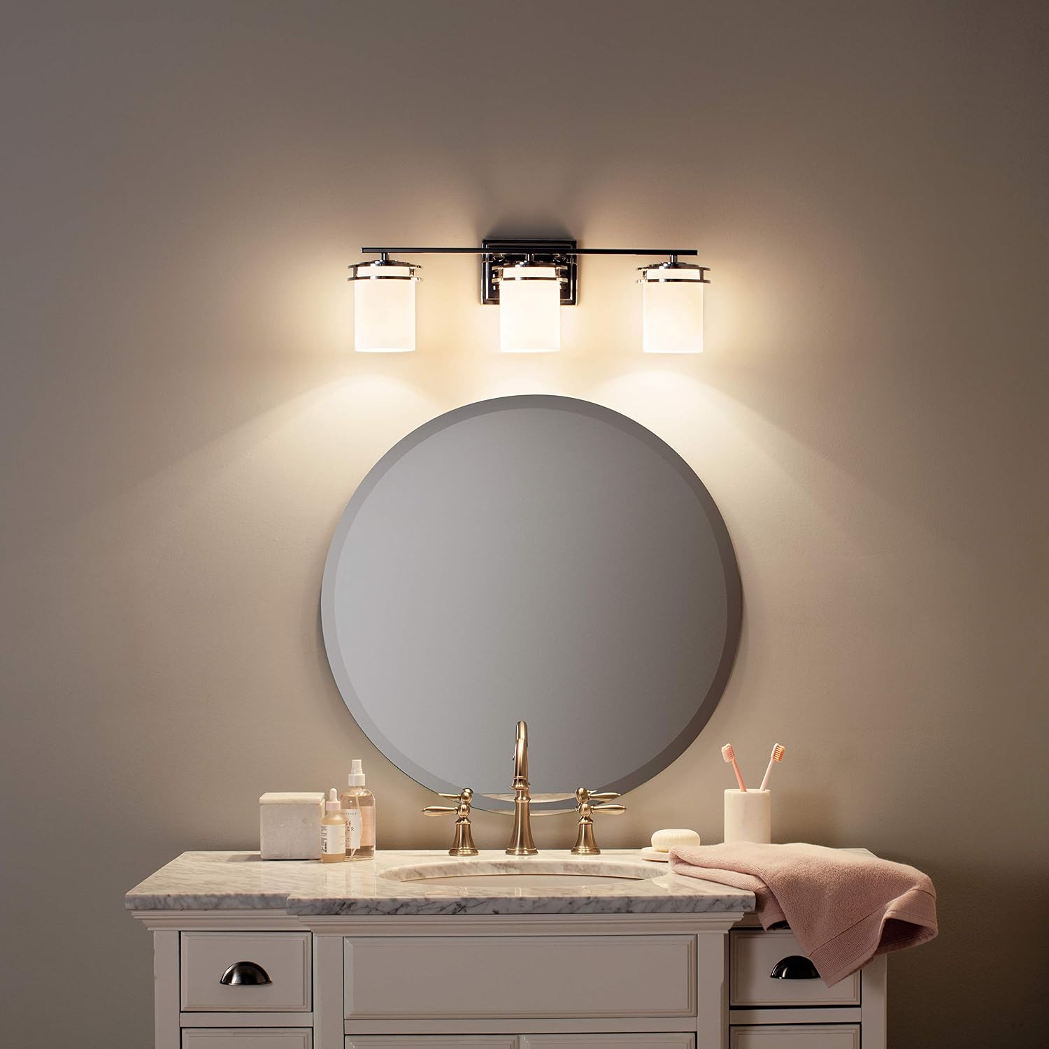 Kichler Hendrik 24' 3 Light Vanity Light with Satin Etched Cased Opal Glass Chrome