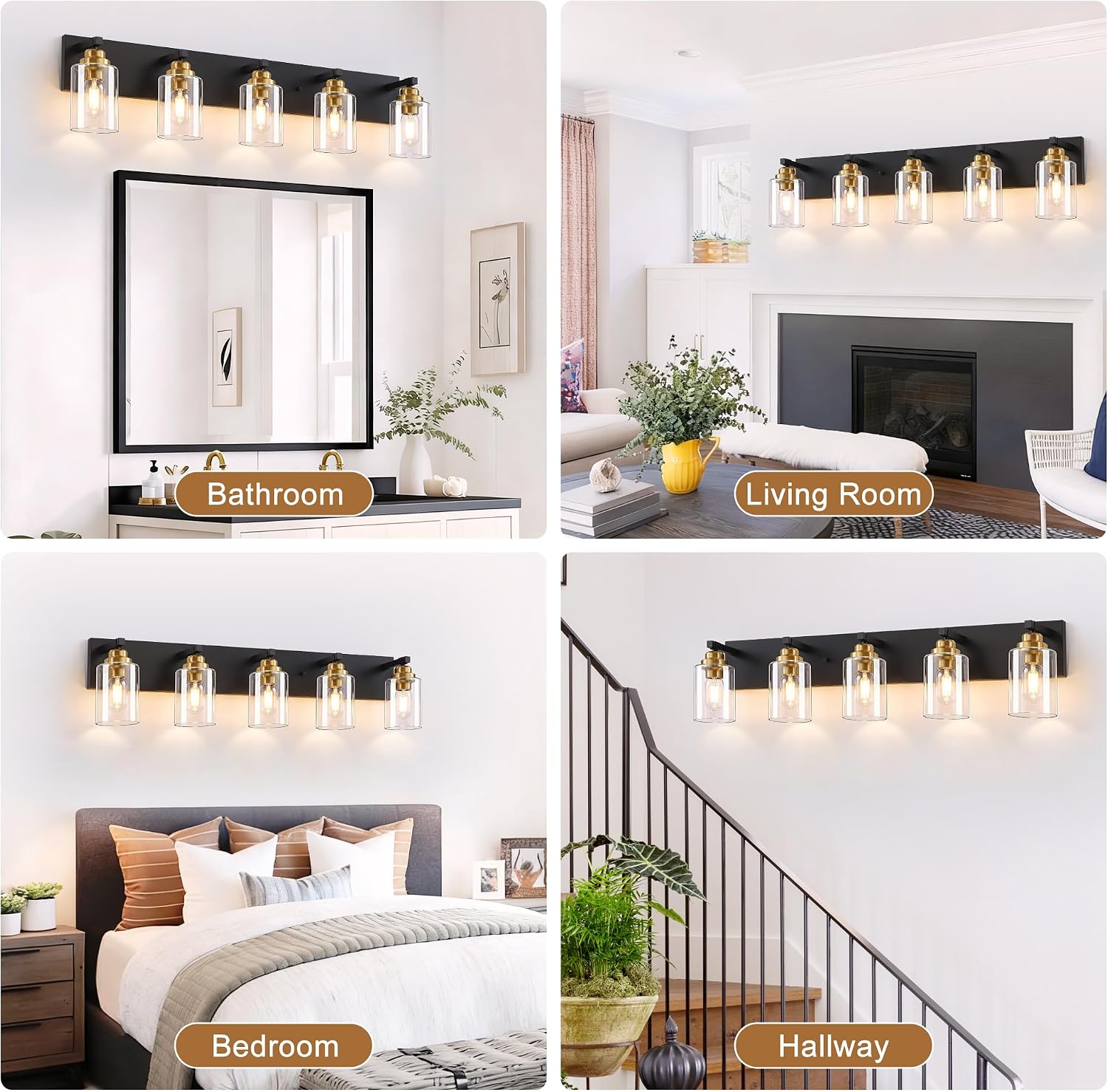 Black and Gold Bathroom Light Fixture, 5 Light Brushed Gold Vanity Light, 35.4' Modern Farmhouse Bathroom Lighting Fixtures Over Mirror, with Clear Glass Shade, Vanity Lights for Bedroom Hallway