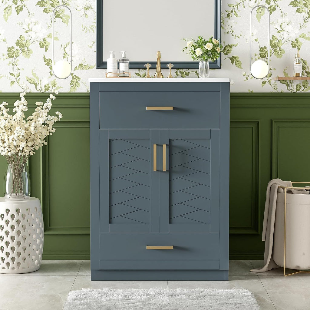 24 Inch Dark Blue Bathroom Vanity with Sink & Integrated Countertop,Freestanding Single Bathroom Vanity with Gold Handles,Tip-Out Tray & Bottom Drawer,Soft Closing Doors,Herringbone Front