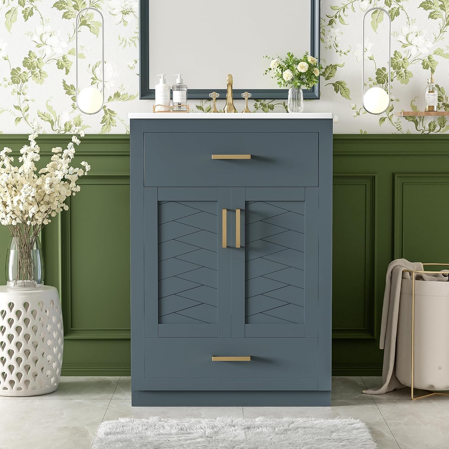 24 Inch Dark Blue Bathroom Vanity with Sink & Integrated Countertop,Freestanding Single Bathroom Vanity with Gold Handles,Tip-Out Tray & Bottom Drawer,Soft Closing Doors,Herringbone Front