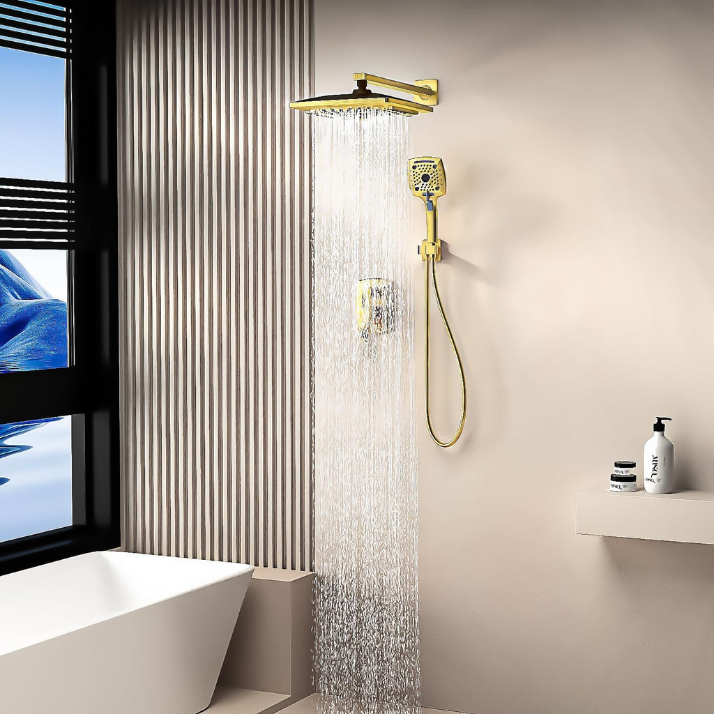 ELLO&ALLO Bathroom Shower Faucet Set Mixing Valve and Trim Kit, Complete Shower System with Rough-in Valve, Brushed Gold