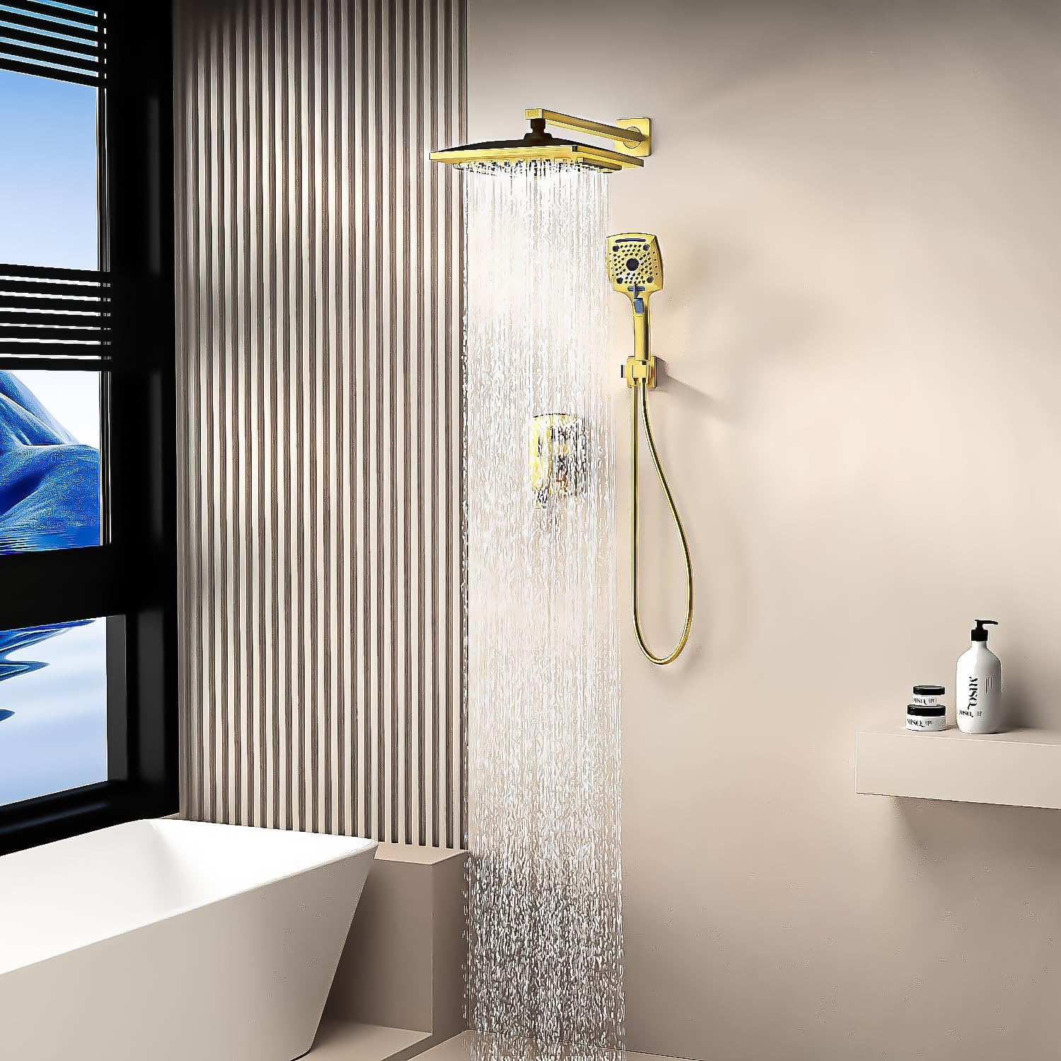 ELLO&ALLO Bathroom Shower Faucet Set Mixing Valve and Trim Kit, Complete Shower System with Rough-in Valve, Brushed Gold