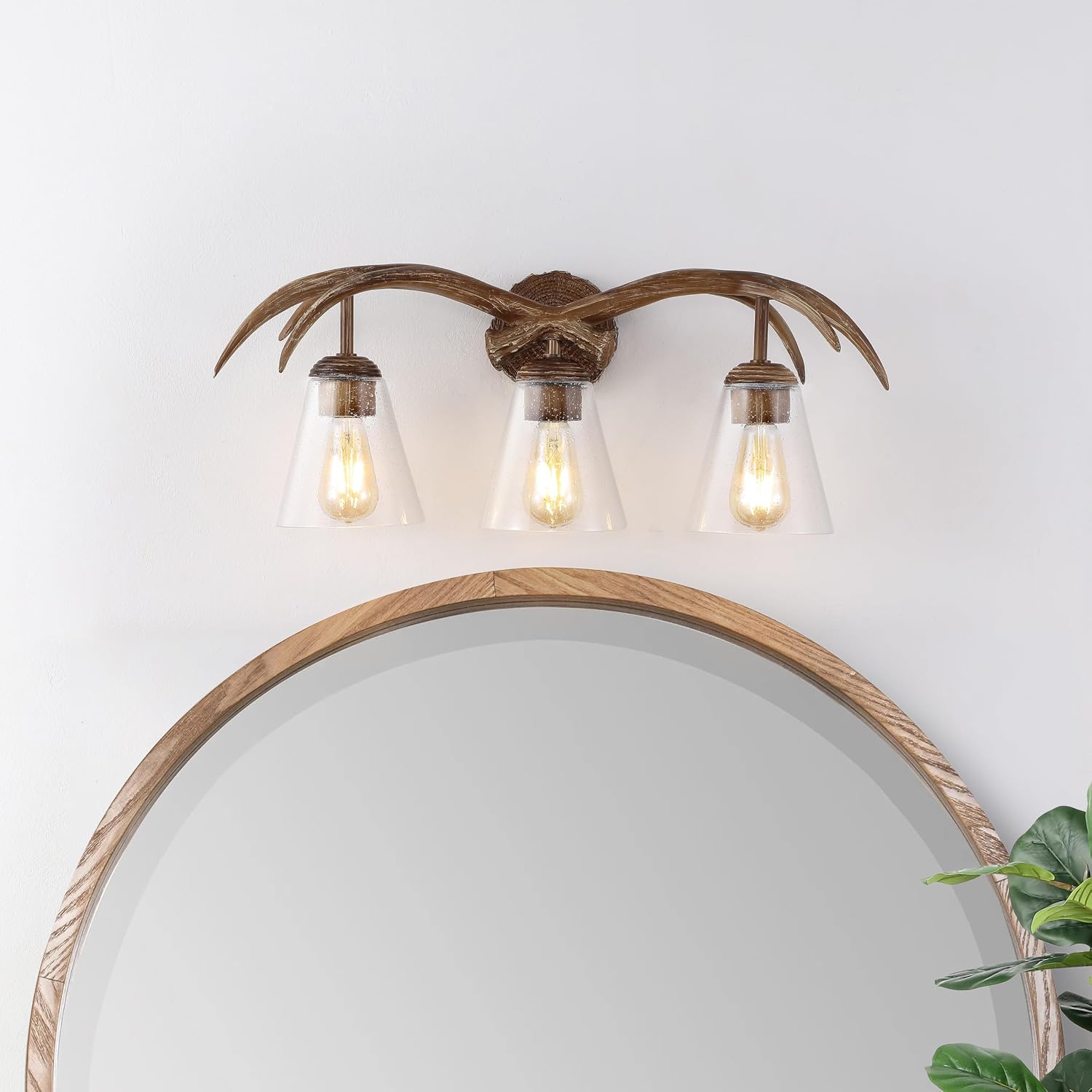 JONATHAN Y 25.5' Brown Wood Finish 3-Light Resin Faux Antler LED Vanity Light, Southwestern Bohemian Wall Sconce with Seeded Glass Shades, UL Listed, LED Bulbs Included JYL6309A