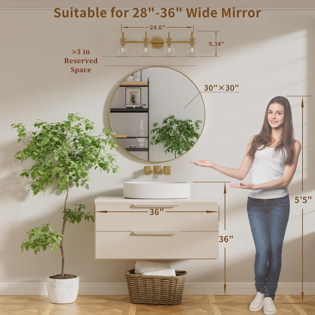 4-Light Gold Bathroom Vanity Light Fixtures, 24 Inch Over Mirror with Clear Glass Shade Wall Mounted Sconces for Bathroom, Living Room, Hallway, E26 Base