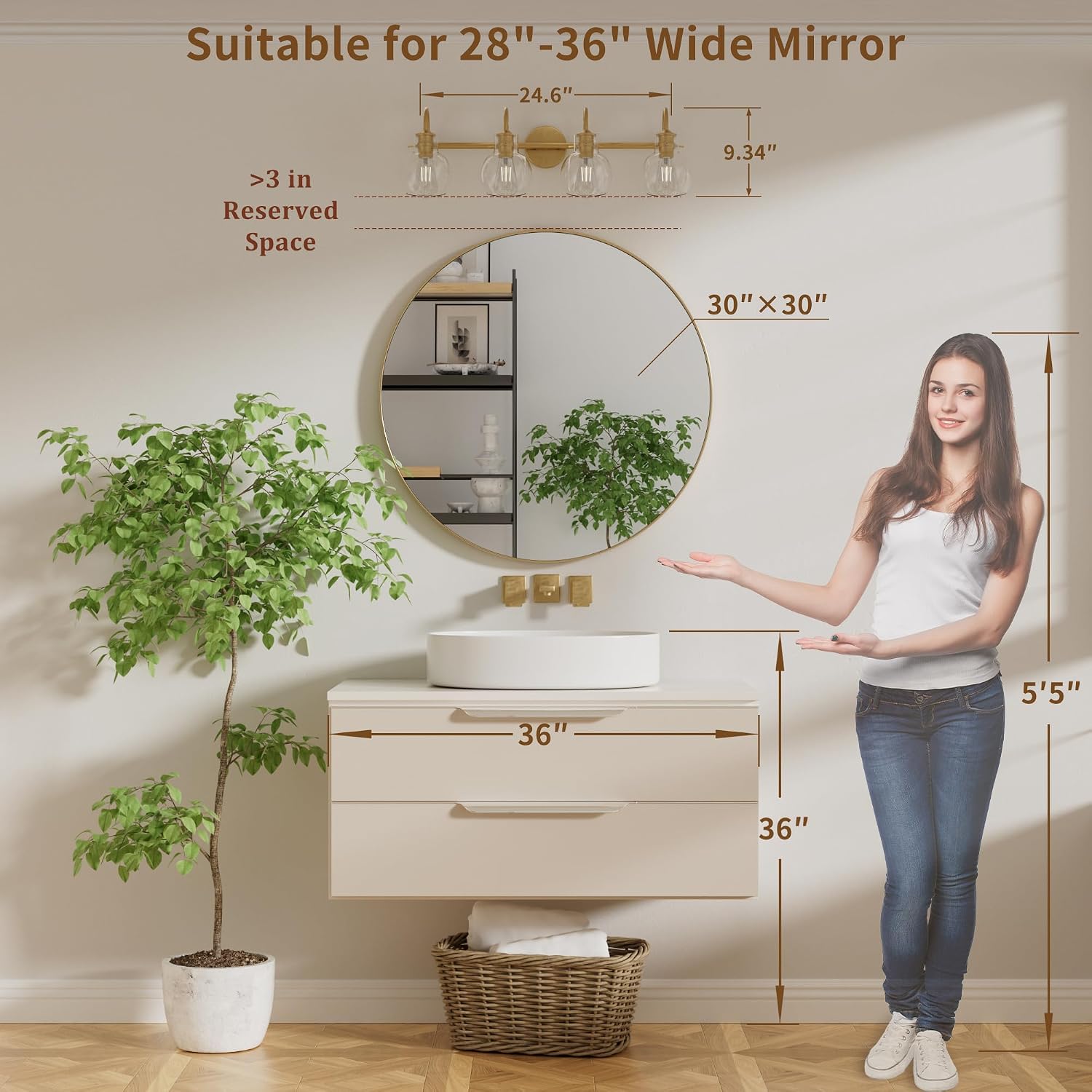 4-Light Gold Bathroom Vanity Light Fixtures, 24 Inch Over Mirror with Clear Glass Shade Wall Mounted Sconces for Bathroom, Living Room, Hallway, E26 Base
