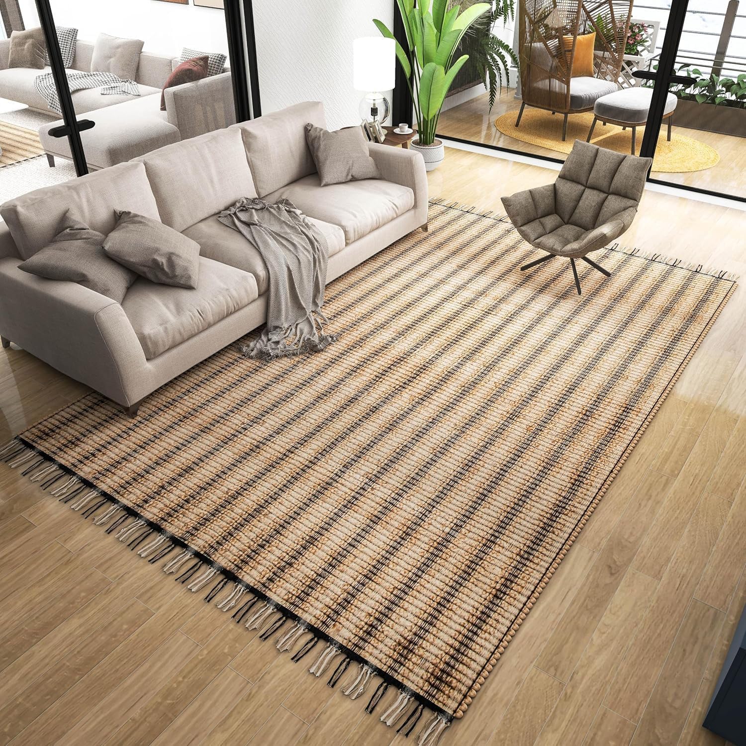 Eco Crave Jute Area Rug 8x10 ft – Soft Handwoven Striped Natural Fiber Rug, Eco-Friendly Braided Indoor Floor Mat, Non-Slip Large Area Rug for Living Room, Bedroom, Dining Room, Hallway