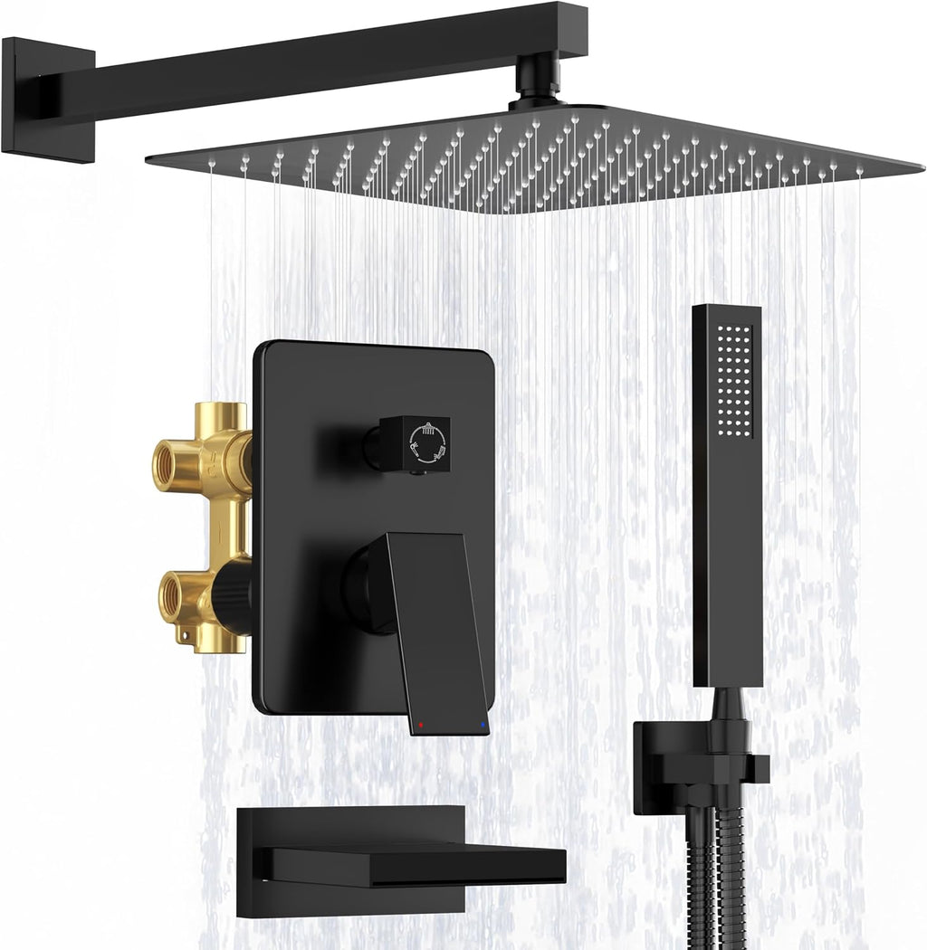 Kurpot Shower System with Tub Spout, All Metal Matte Black Shower Faucet Set with Valve, 10'' Rain Shower Head with Handheld Spray, 59'' Shower Hose and Diverter, Wall Mounted Bath Tub Faucet Set