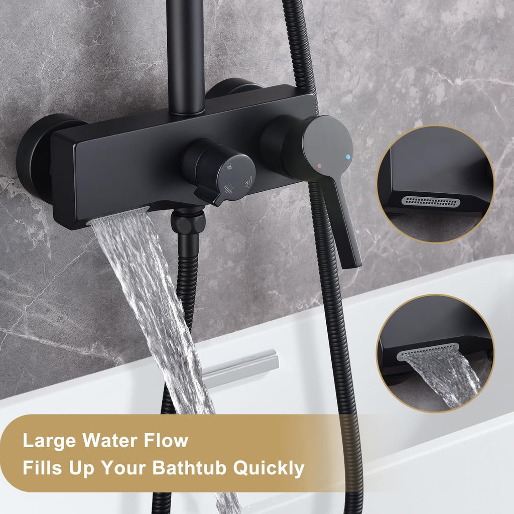 Matte Black Exposed Shower System with 2 Modes HandHeld,3 Functions Tub Shower Faucet Sets with Brass Valve, Shower Fixture with 10 Inches Rainfull Shower Head,Shower Height Adjustable