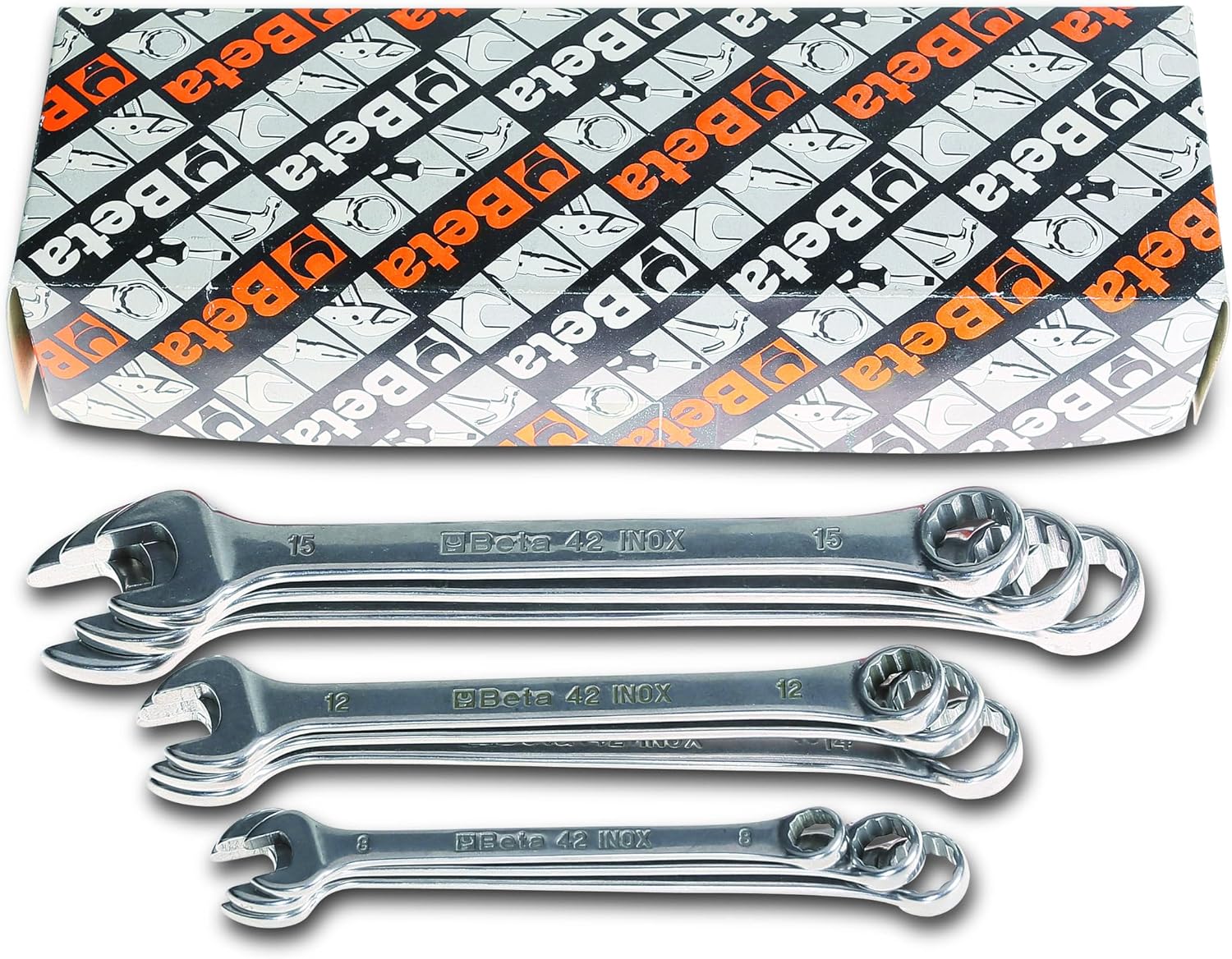Beta 42INOX Metric 11-Piece Stainless Steel Combination Wrench Set 8-19mm | 12-Point Box End, 15° Offset | Corrosion-Resistant AISI 420 |Food Industry and Clean Room Safe