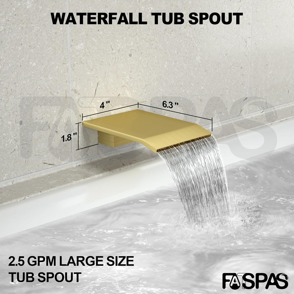 Brushed Gold Shower System with 12-Inch Rain Showerhead and Tub Spout | cUPC-certified pressure balance brass valve to prevent scalding, CEC-certified air injection technology for low pressure