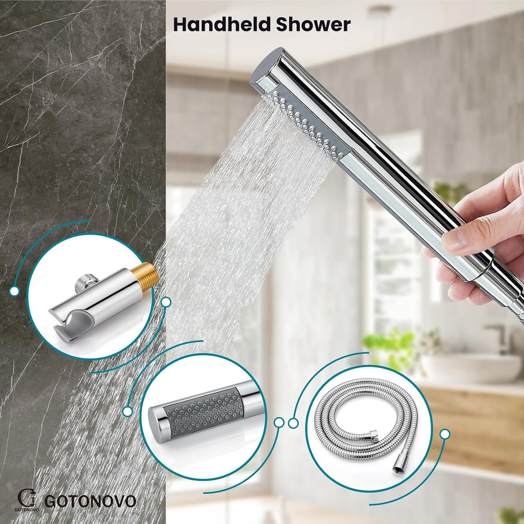 gotonovo Shower System 10 Inch Round Rainfall Showerhead Wall Mounted High Pressure Shower Faucet Set Fixture Combo with Rough in Valve and Cylindrical Handheld Spray, Polish Chrome