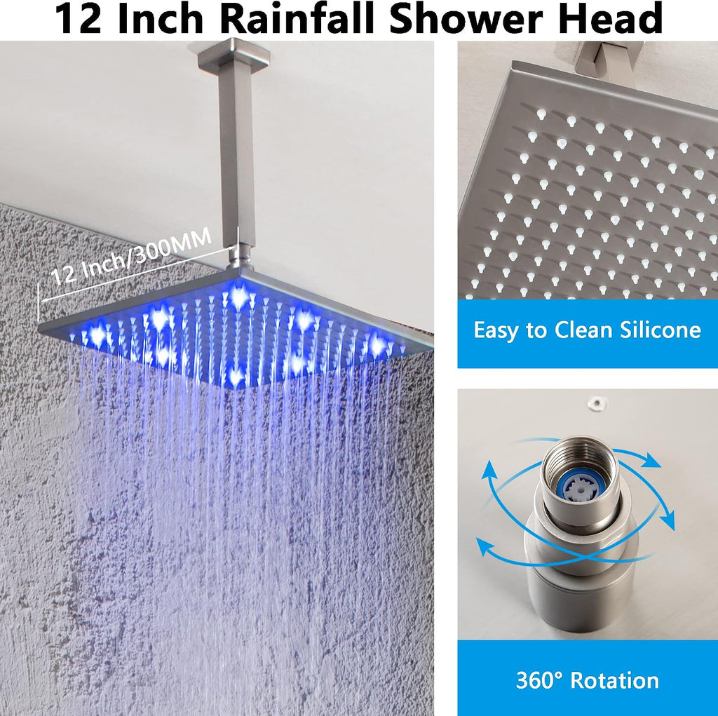 SKOWLL Shower Body Faucet Set Ceiling Mount 12 Inch LED Shower Head, 6 Body Spray Jet, High Pressure Shower System Sets Complete Rough-in Valve and Shower Trim Kit System, Brushed Nickel