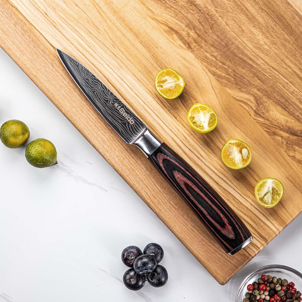 Seido Knives 5-Piece Damascus Master Chef Knife Set - Includes Gyuto, Santoku, Nakiri, Paring Knives - High-Carbon Stainless Steel Kitchen Knives