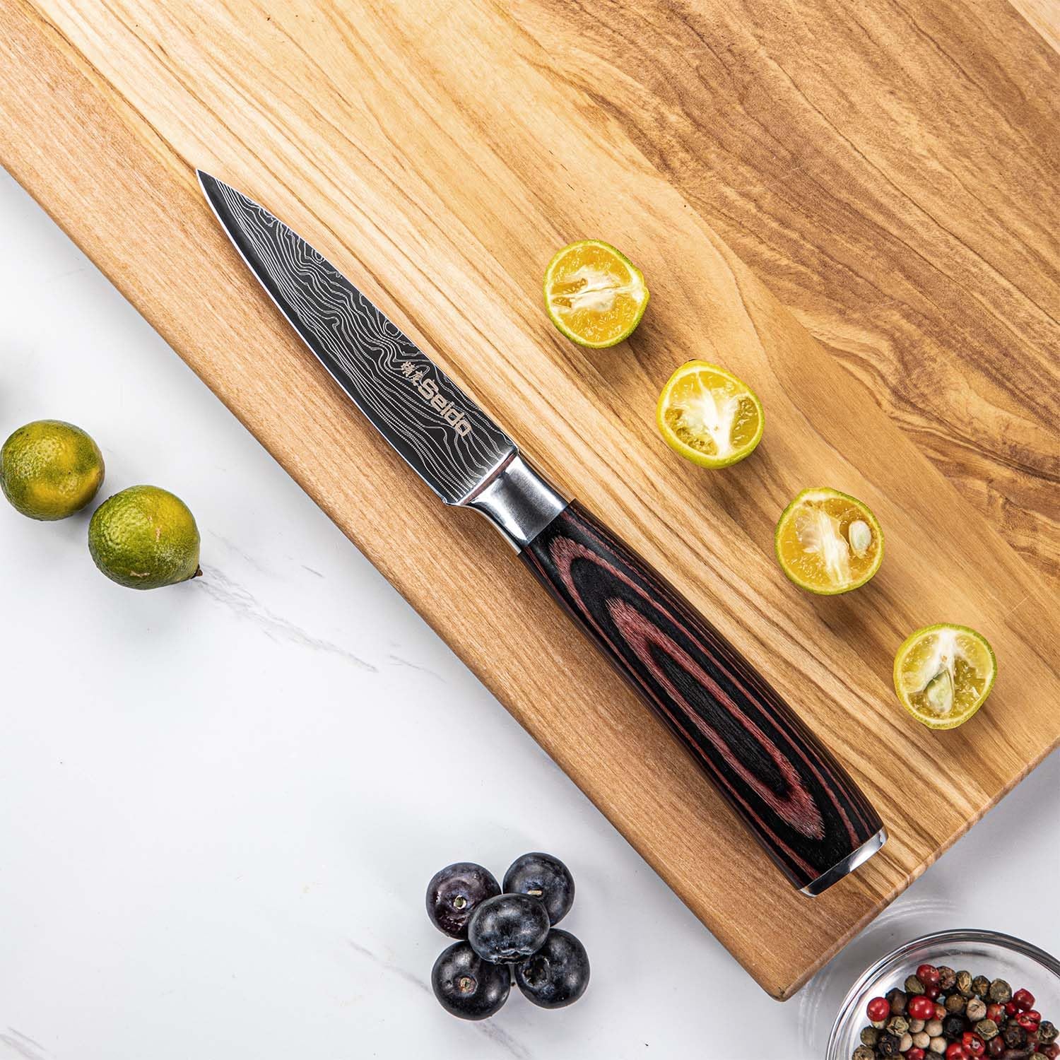 Seido Knives 5-Piece Damascus Master Chef Knife Set - Includes Gyuto, Santoku, Nakiri, Paring Knives - High-Carbon Stainless Steel Kitchen Knives