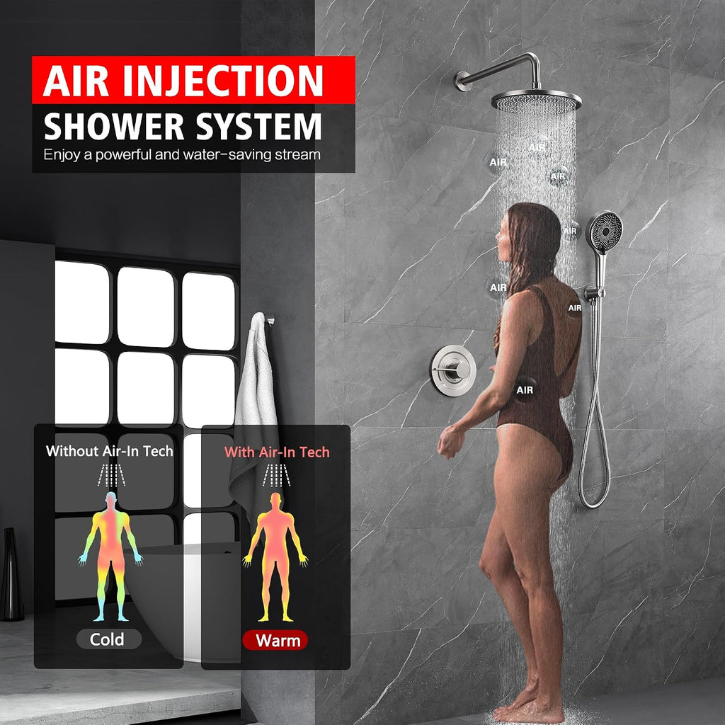 sumerain Concealed Shower Faucet Sets with 10 inch Rainfall Shower Head, Brushed Nickel Shower Fixtures with Rough-in Valve and Trim Kit