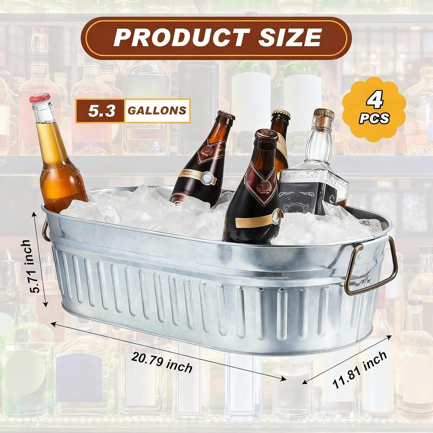 Lallisa 4 Pcs 5.3 gallons Galvanized Beverage Tub Galvanized Bucket Metal Ice and Drink Bucket with Handles Tub for Parties Farmhouse Home Pool Bar (Sliver)