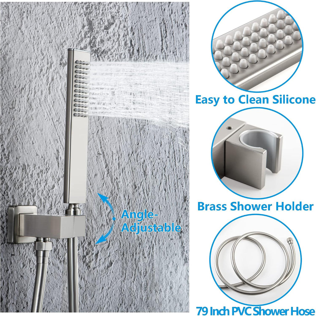 SKOWLL Shower System with 6 Body Jets, Wall Mounted 12 Inch LED Shower Head with Handheld, 3 Color Changing Shower Head High Pressure Shower Faucets Sets Complete, Brushed Nickel