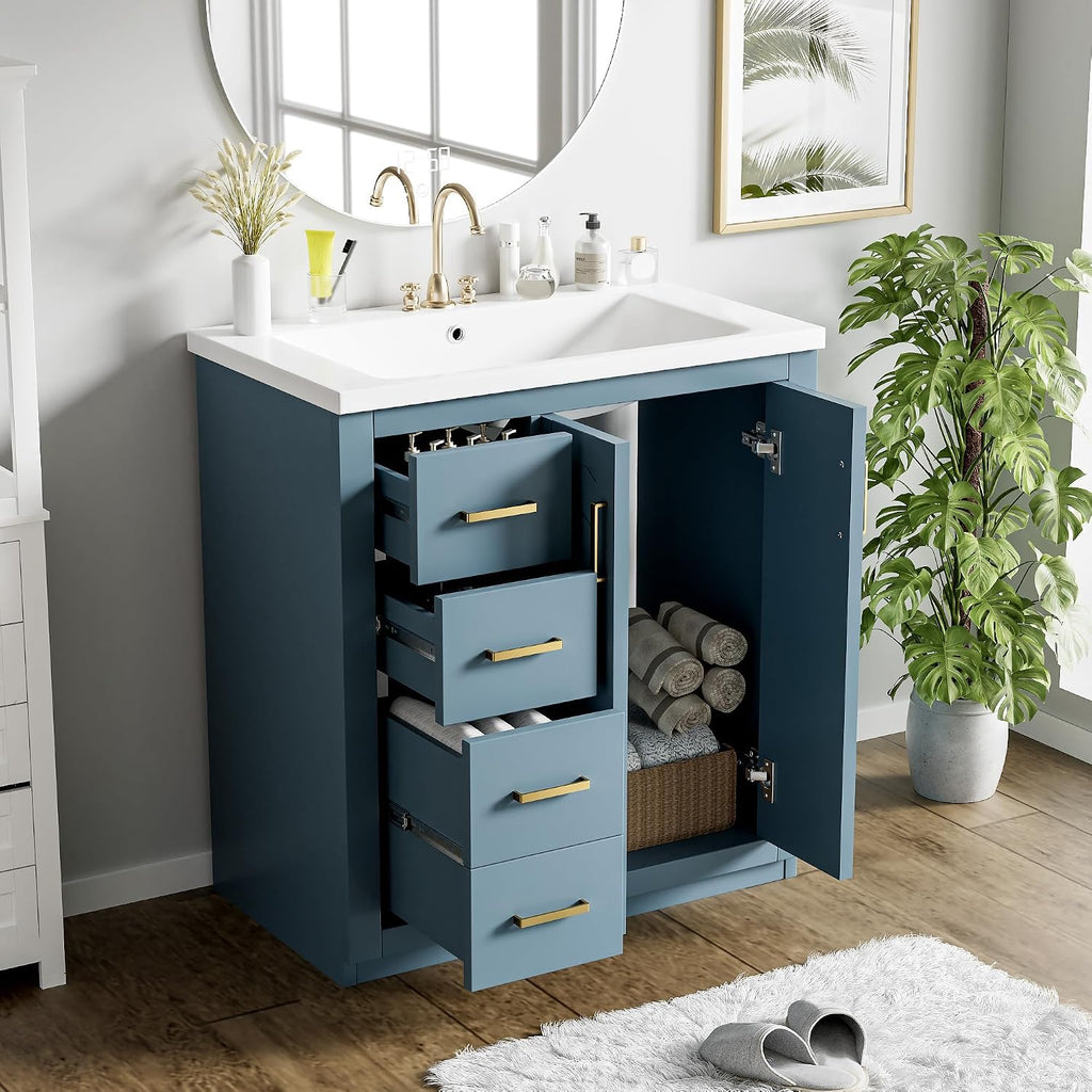 30 Inch Aqua Blue Bathroom Vanity with Sink & Gold Handles,Modern Bathroom Vanity Cabinet with Integrated Countertop,3 Left Drawers & 2 Soft Closing Doors,Solid Wood Frame,Herringbone Front