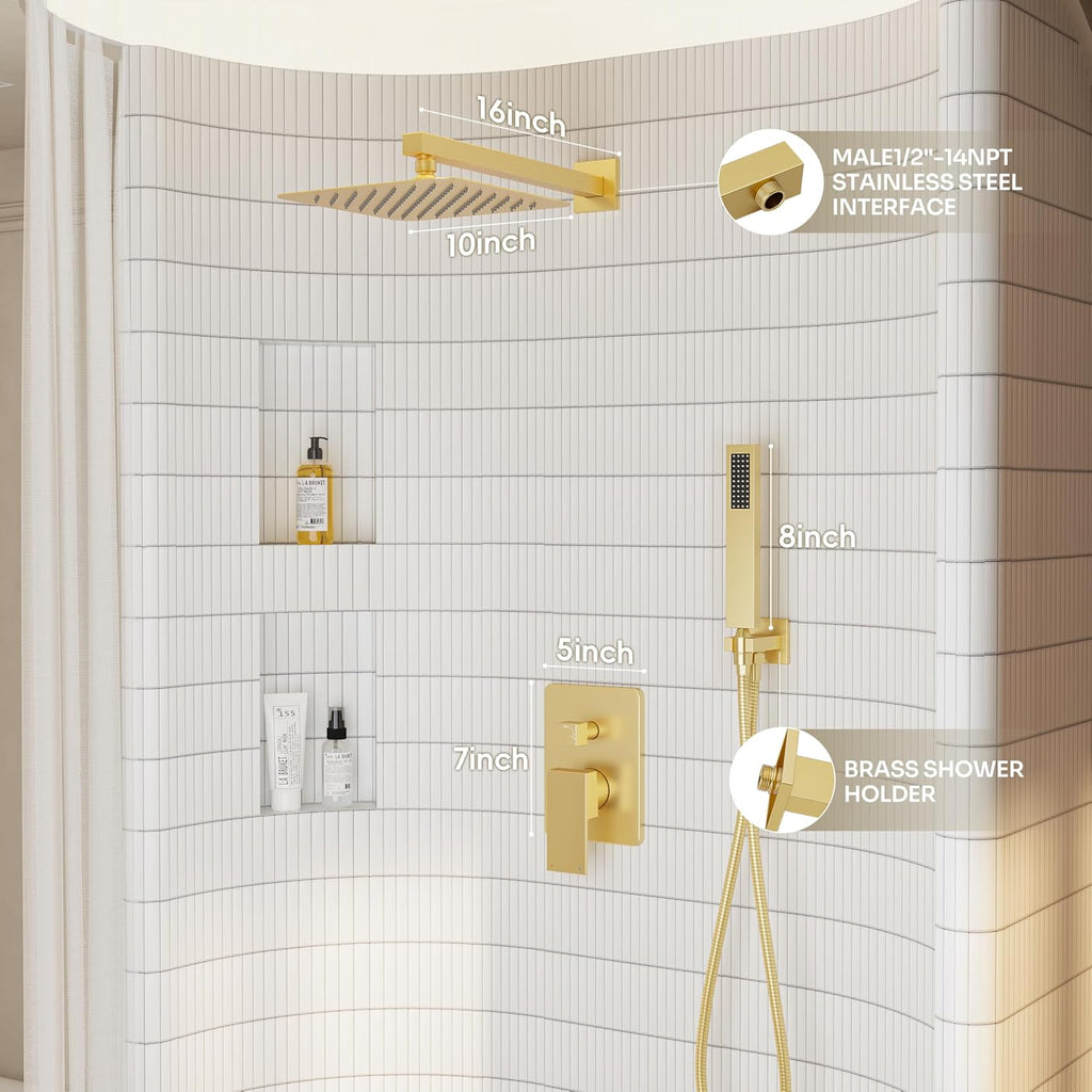 Gold Shower System, Shower Faucet Set with 10' Rain Showerhead and Handheld Combo Spray, Bathroom Wall Mounted High Pressure Shower Combo Set Included Valve and Trim, Brushed Gold