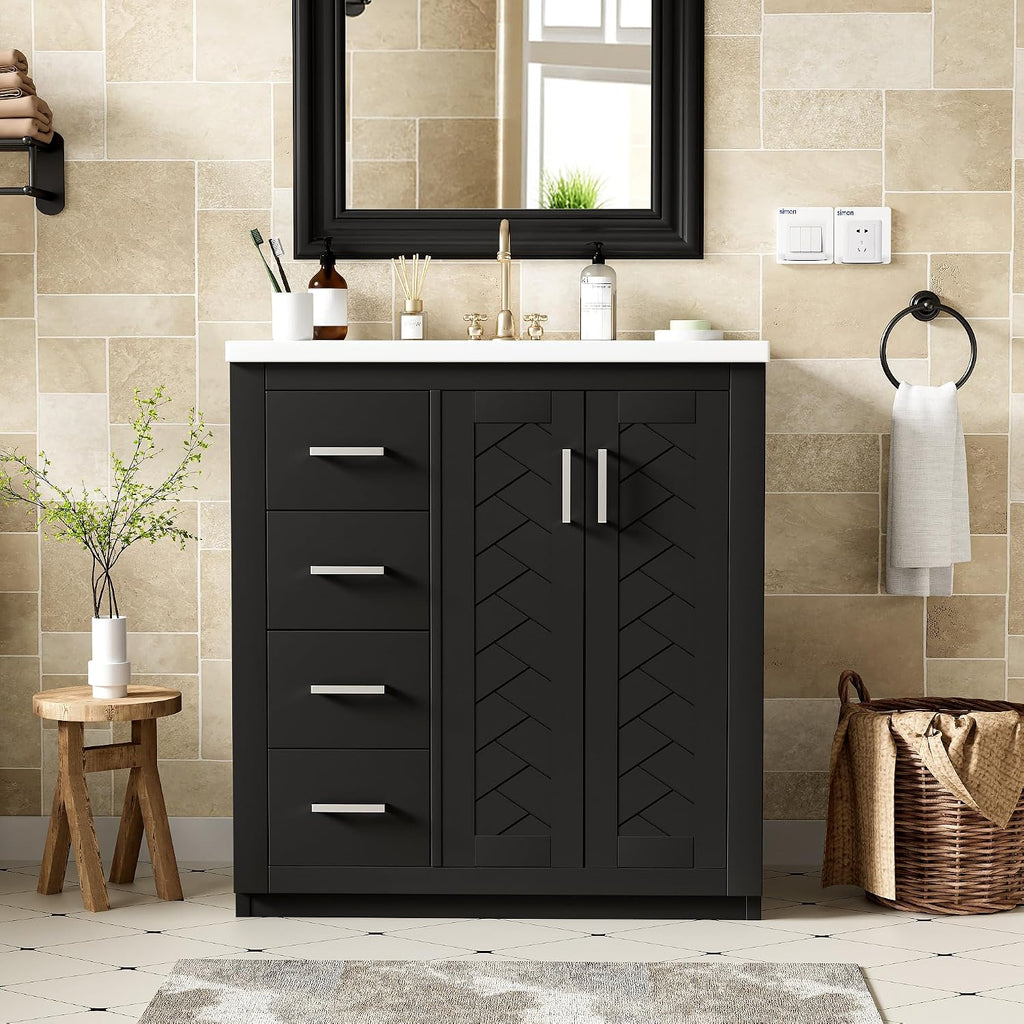 30 Inch Black Bathroom Vanity with Sink and Countertop,Solid Wood Frame Bathroom Cabinet with Sink,Modern Sink Storage Cabinet with 3 Drawers & Soft Closing Doors,Sliver Handles