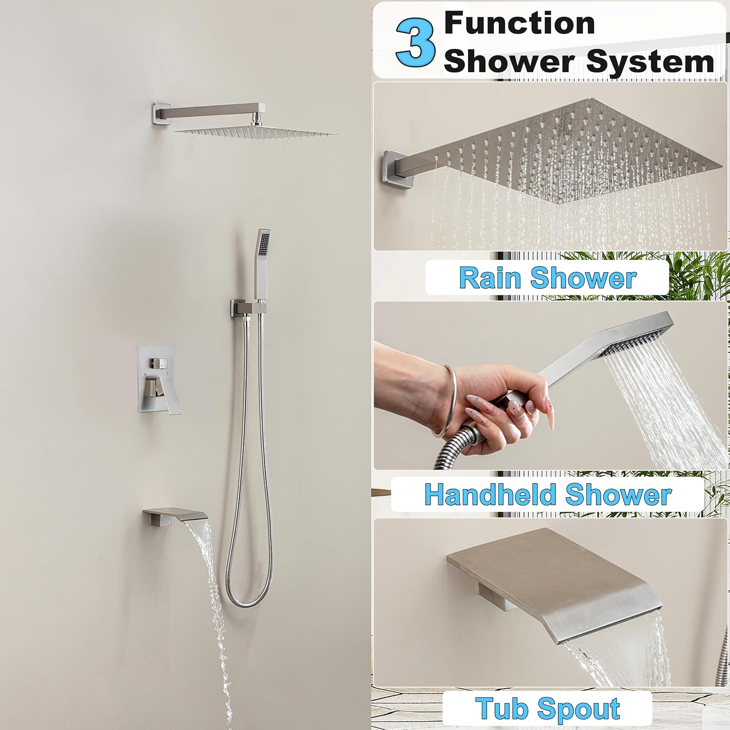Brushed Nickel Shower System with 12-Inch Rain Showerhead and Tub Spout | cUPC-certified pressure balance brass valve to prevent scalding, CEC-certified air injection technology for low pressure