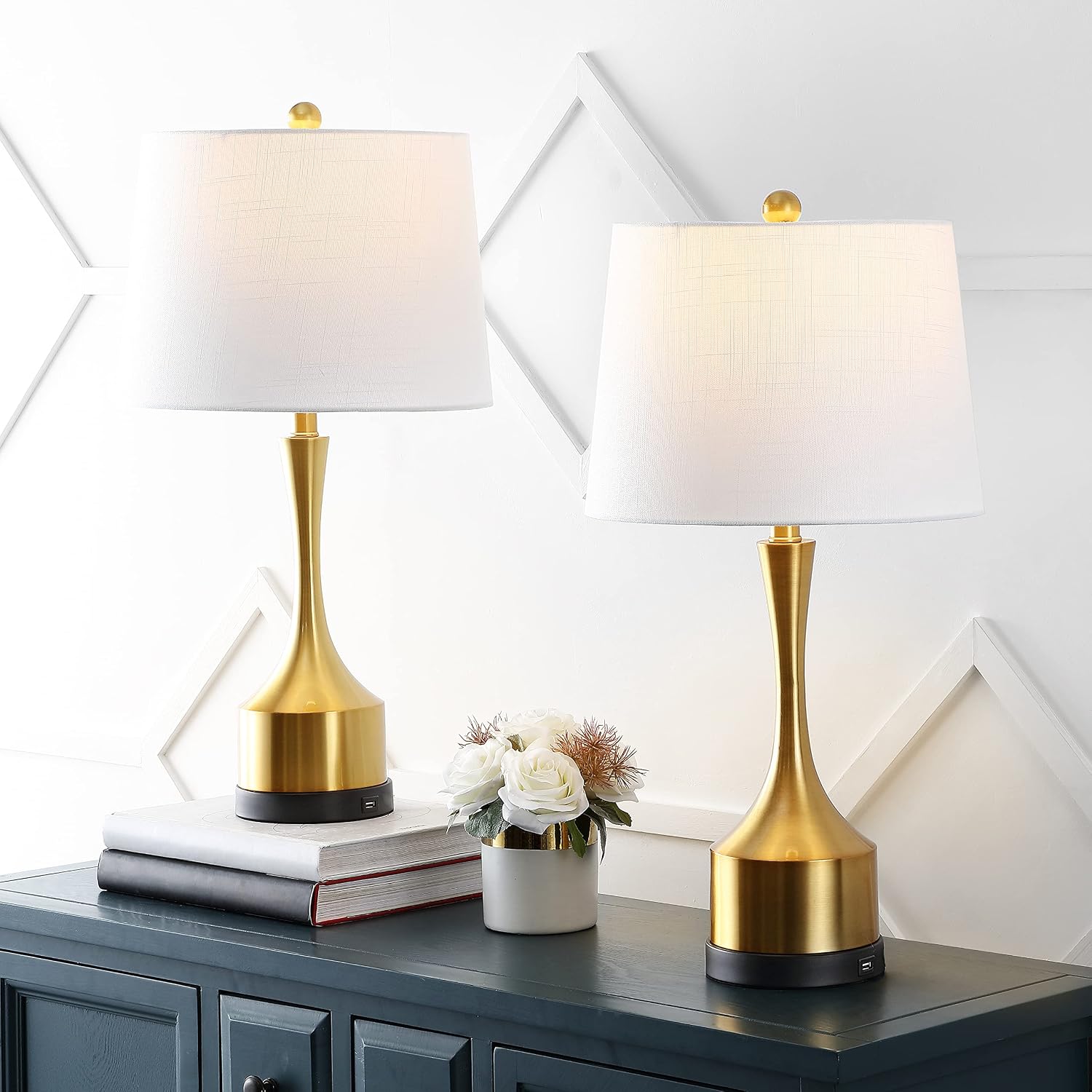 JONATHAN Y 26' Brass Gold Table Lamp Set of 2 with USB Charging Port, French Country Bedside Lamps for Living Room Bedroom Decor, White Linen Shade, LED Bulbs Included JYL4045A-SET2