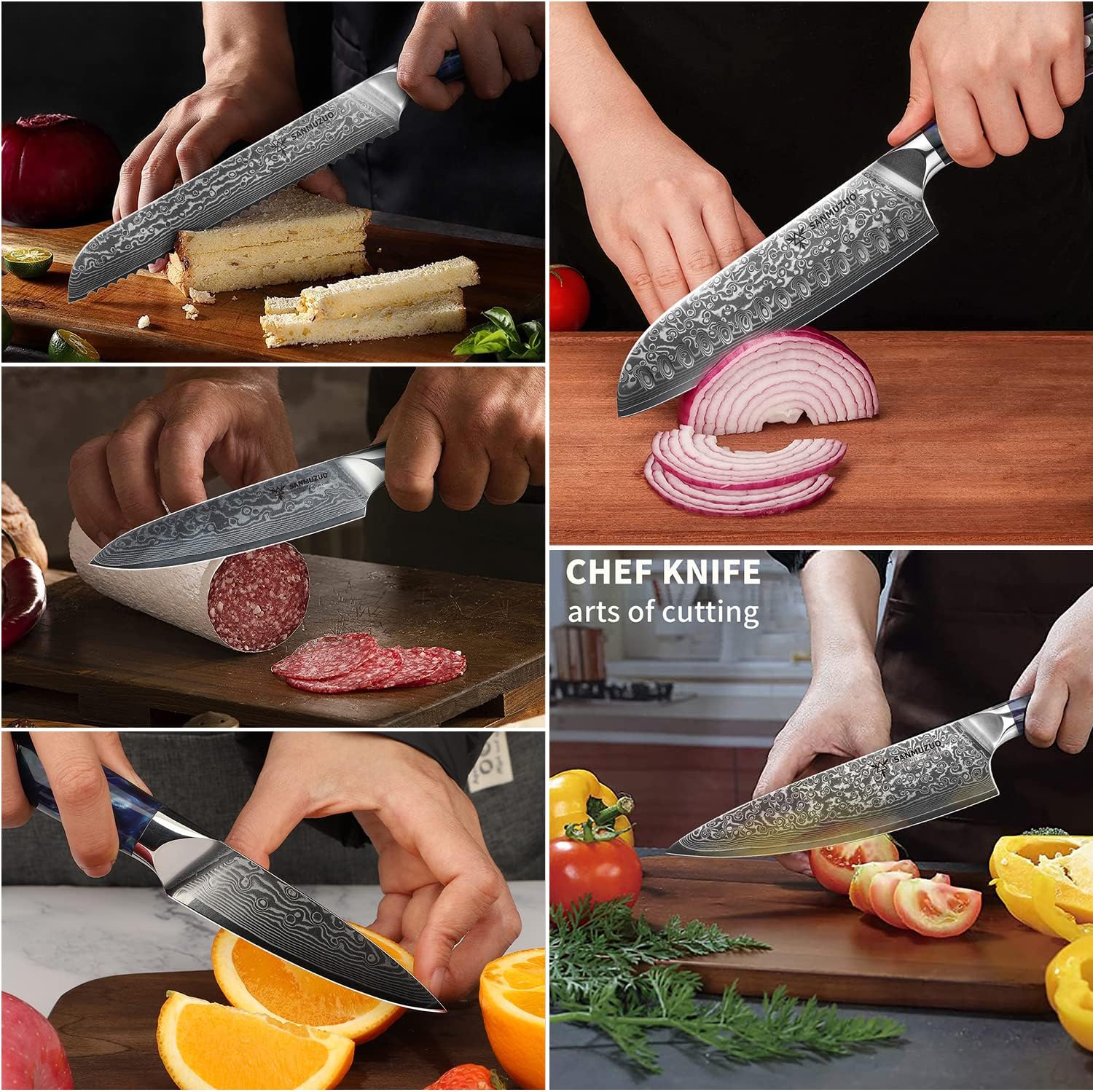 Chef Cooking Knives Set- Kitchen Knife Set of 5 Piece - Ultra-Sharp VG10 Damascus Steel & Resin Handle - Xuan Series (Sapphire Blue)