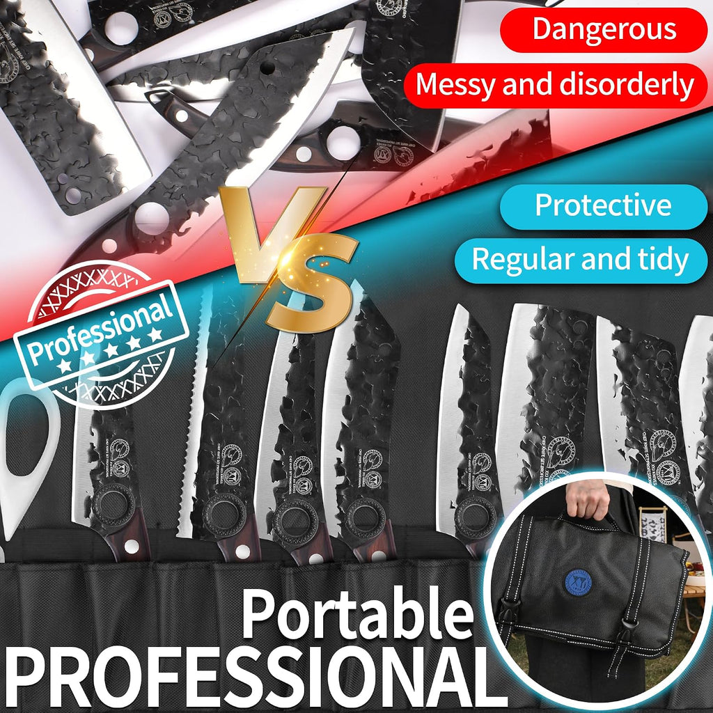 XYJ Professional Kitchen Knife Set with High-Carbon Steel Forged Blades, Chef's Knife, Cleaver, Carving Knife, Nakiri, Full Tang Design, Includes Carrying Bag & Poultry Scissors