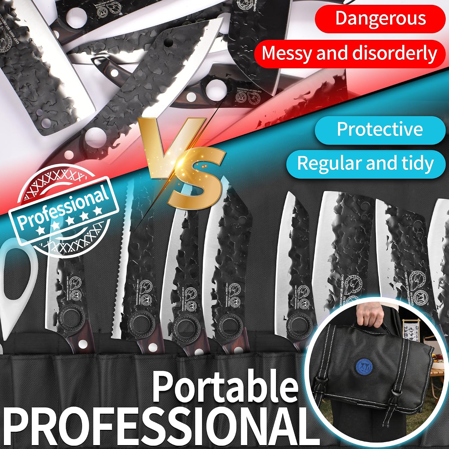XYJ Professional Kitchen Knife Set with High-Carbon Steel Forged Blades, Chef's Knife, Cleaver, Carving Knife, Nakiri, Full Tang Design, Includes Carrying Bag & Poultry Scissors