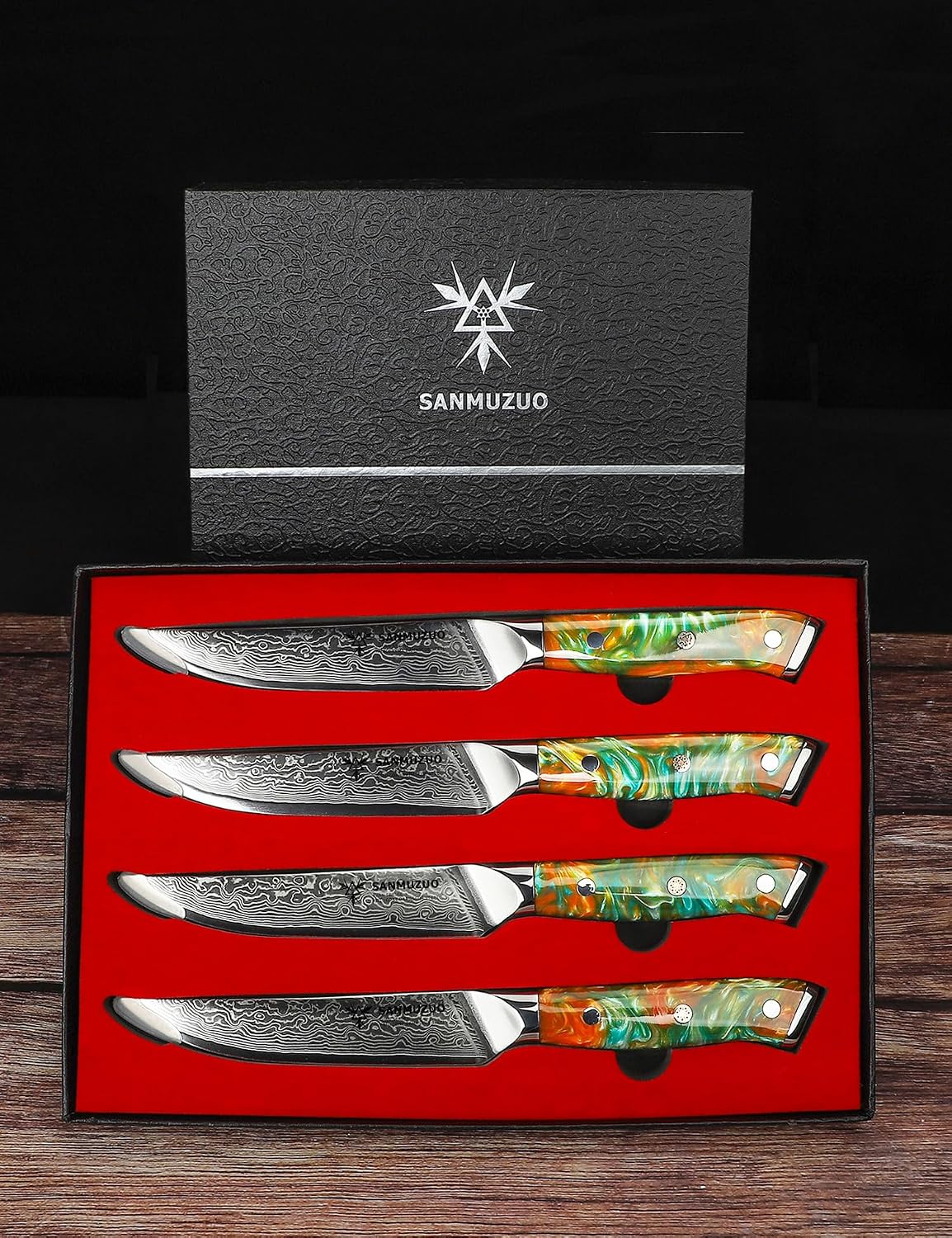 Steak Knives Set of 4, Ultra Sharp Non Serrated Kitchen Steak Knife 5 Inch - Damascus Steel & Resin Handle - Xuan Series(Fantasy Orange)