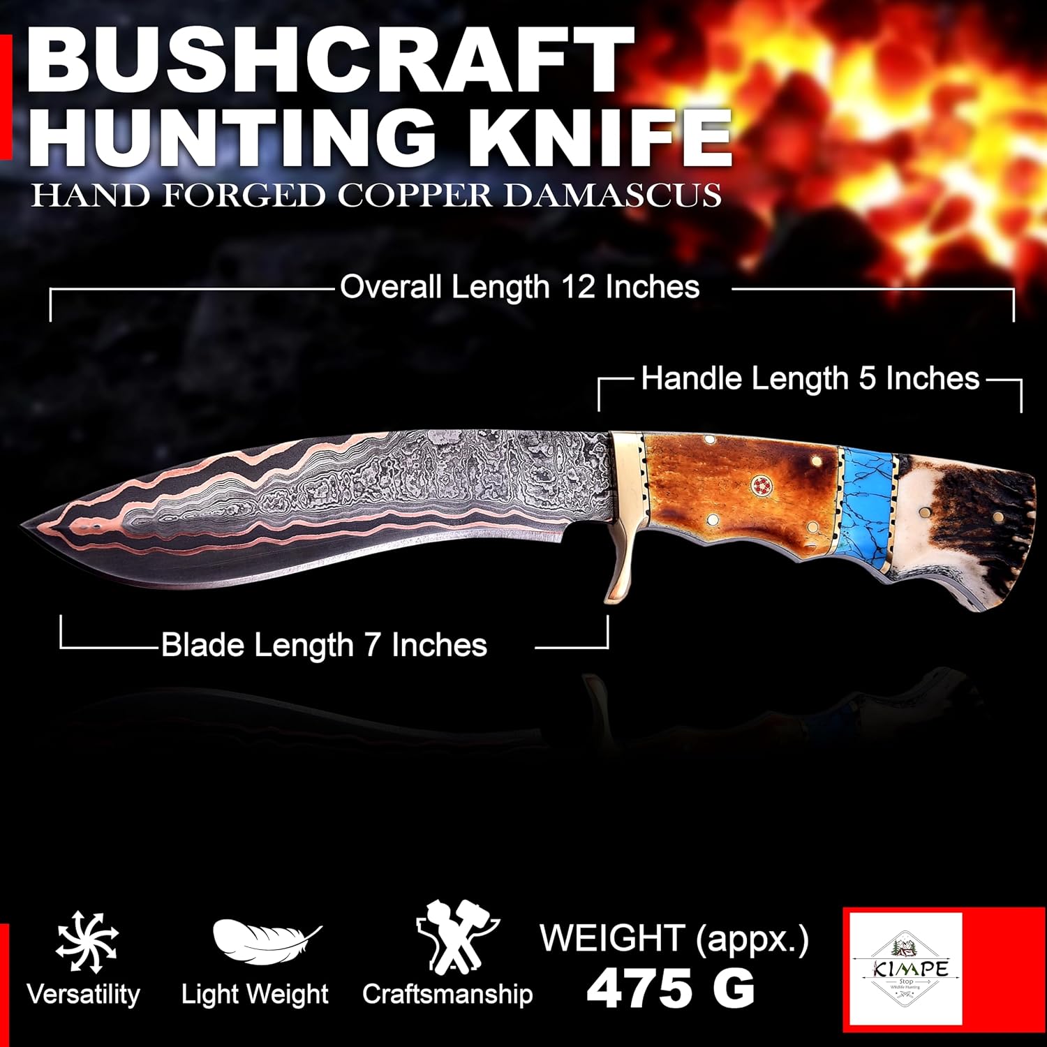 KIMPE Fixed Blade hunting knife. (Copper Damascus & Crown Stag)