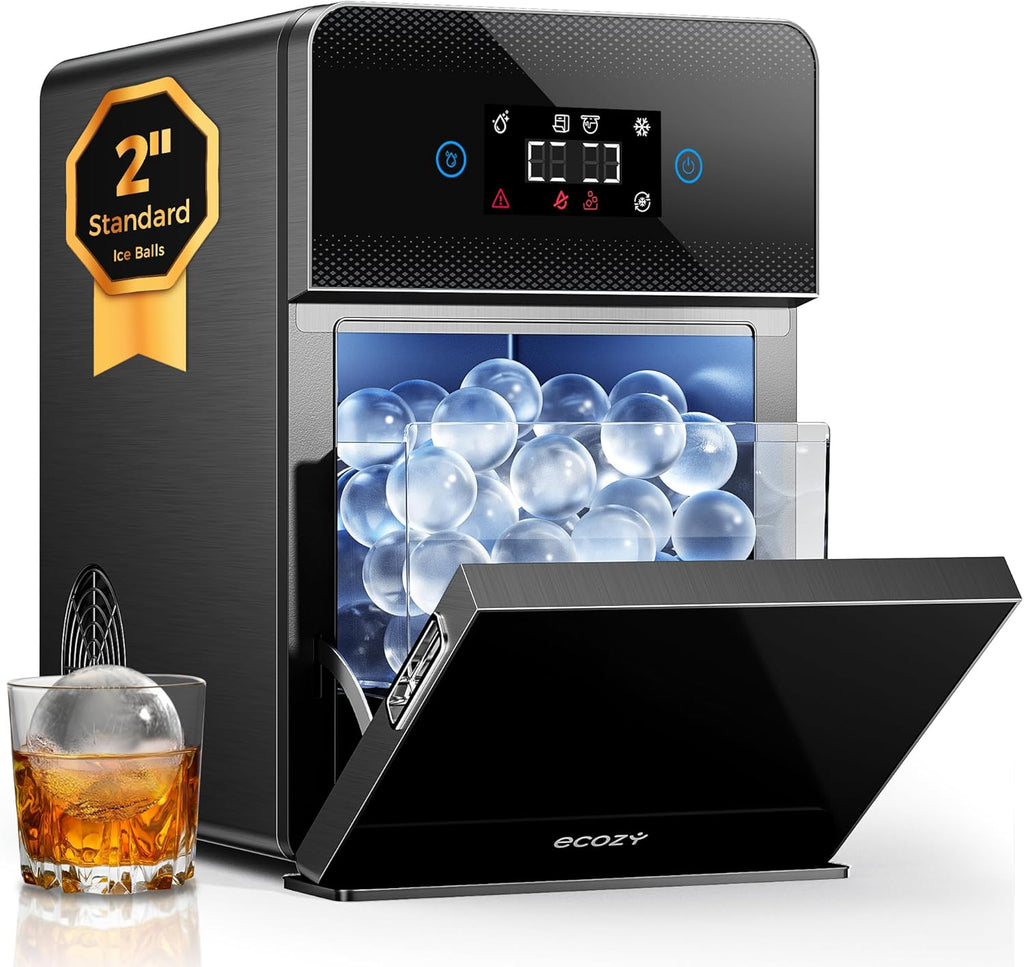 ecozy 2' Clear Ice Ball Maker Countertop with CrystalFlux Technology, 4 pcs in 40 Mins, 144 pcs/Day, Sphere Ice Maker with Automatic Water Supply, Self-Cleaning, Enhanced Insulation for Whiskey Bar