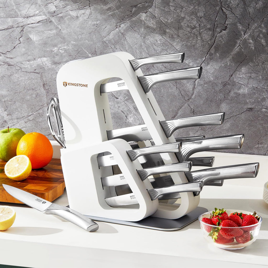 KINGSTONE Kitchen Knife Set with Block,14 Pcs German Stainless Steel Knife Set with Built-in Sharpener, Dishwasher Safe Knife Block Set (White, 14pcs)