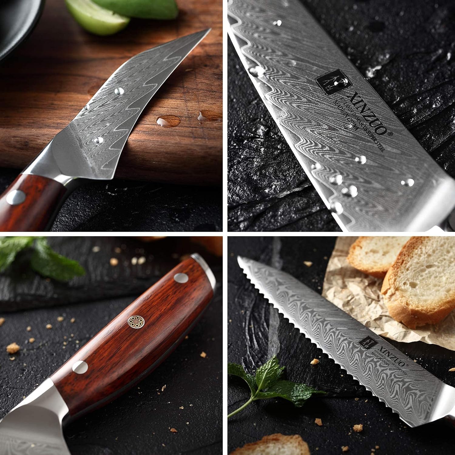 XINZUO 7PCS Knife Block Set,Professional Damascus Steel Chef Knife Santoku Bread Utility Fruit Knife with Multifunctional Kitchen Shears,Ergonomic Rosewood Handle