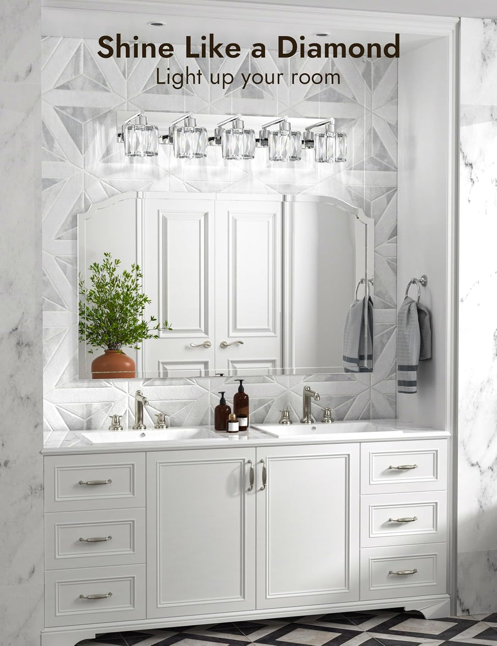 VOLISUN Crystal Vanity Lights for Bathroom, 5 Light Modern Stainless Steel Bathroom Light Fixtures Over Mirror, Chrome with Glass Lampshade - UL Certificated (Exclude Bulb)