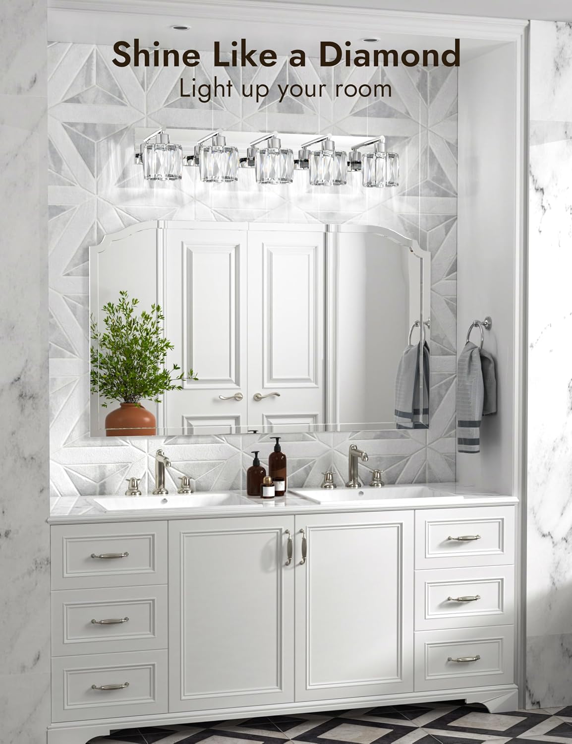 VOLISUN Crystal Vanity Lights for Bathroom, 5 Light Modern Stainless Steel Bathroom Light Fixtures Over Mirror, Chrome with Glass Lampshade - UL Certificated (Exclude Bulb)